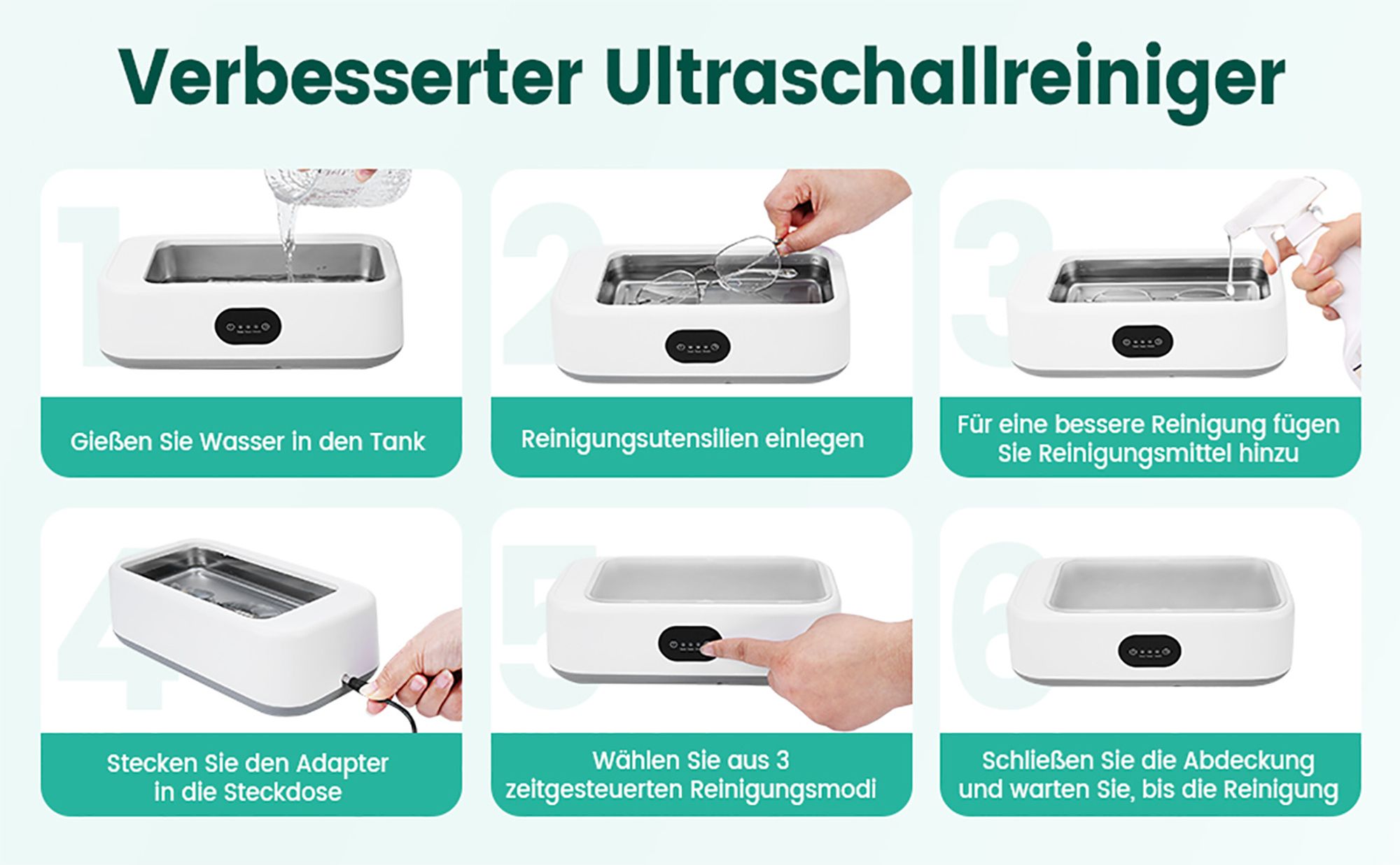 Ultraschallreinigungsgerät, 49000Hz Ultraschallreinigungsgerät Brillen, 640ml Brillenreinigungsgerät mit 3 Zeitfunktionen, Ultraschallreiniger