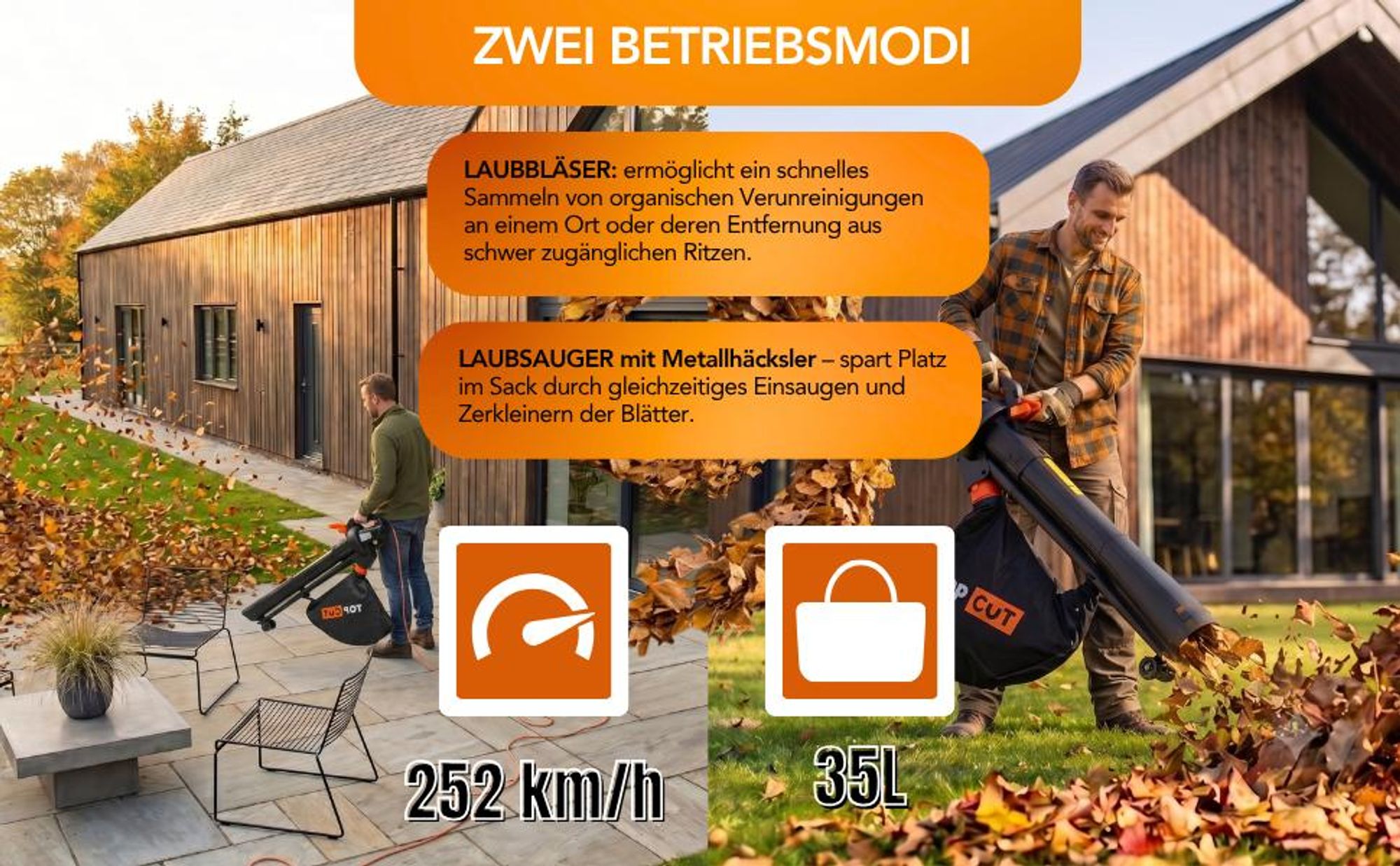 TOP CUT Elektrischer Laubsauger mit Laubbläser Funktion 3500W | Metall Häcksler 10:1, 35L Fangsack, 252 km/h Luftgeschwindigkeit | TC-LBE-3500