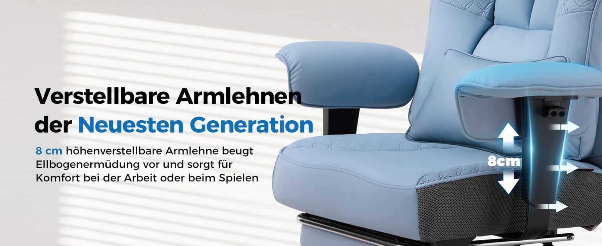 GTPLAYER Gaming Stuhl, Ergonomischer Bürostuhl mit Fußstütze, 150° Verstellbare Rückenlehne & Armlehnen, Computerstuhl Chefsessel, 180KG, BLAU