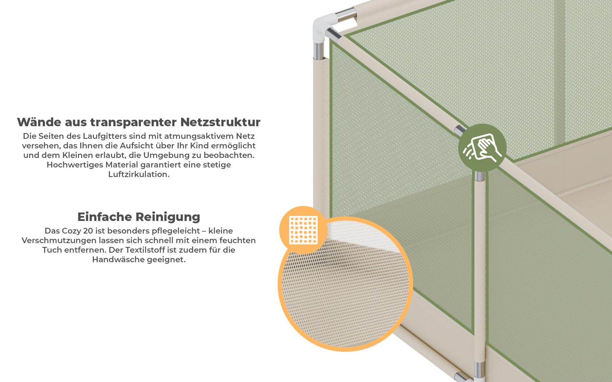 Tulano Cozy 20 Laufstall mit Boden für Kinder, Indoor & Outdoor, Metallrahmen, Netzseiten, rutschfeste Füße, Beige
