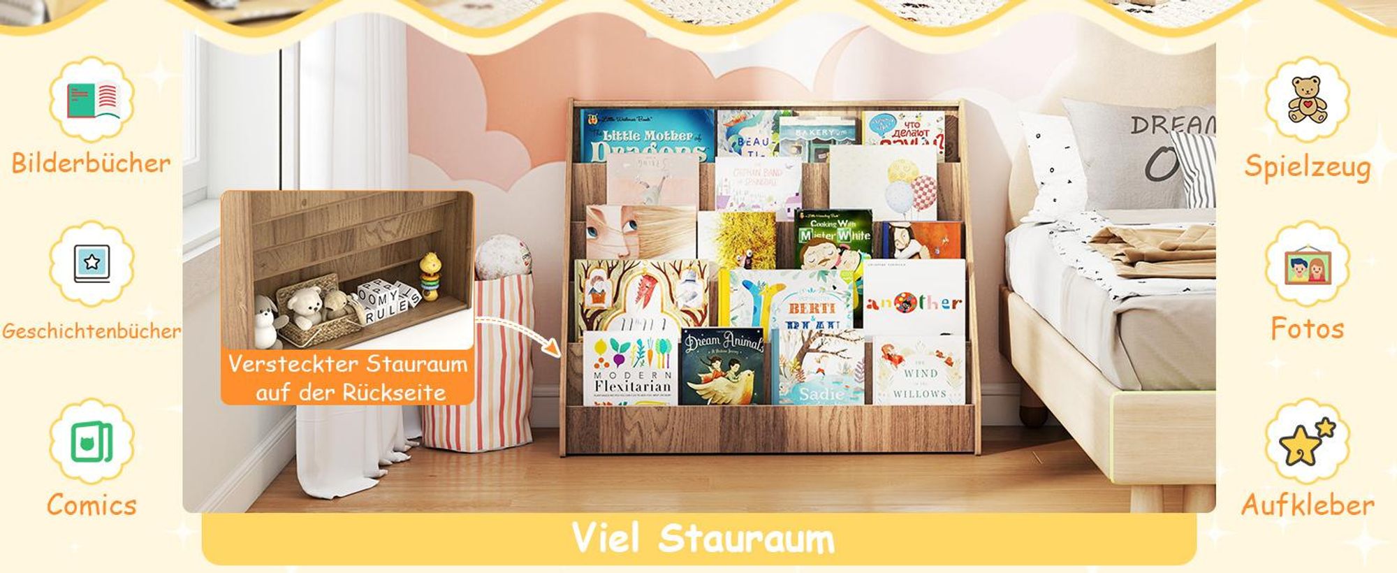 COSTWAY Kinderregal mit 5 Fächern, Bücherregal für Kinder, Zeitungsständer aus Holz, Aufbewahrungsregal für Kinderzimmer, 91 x 38 x 76,5 cm (Natur)