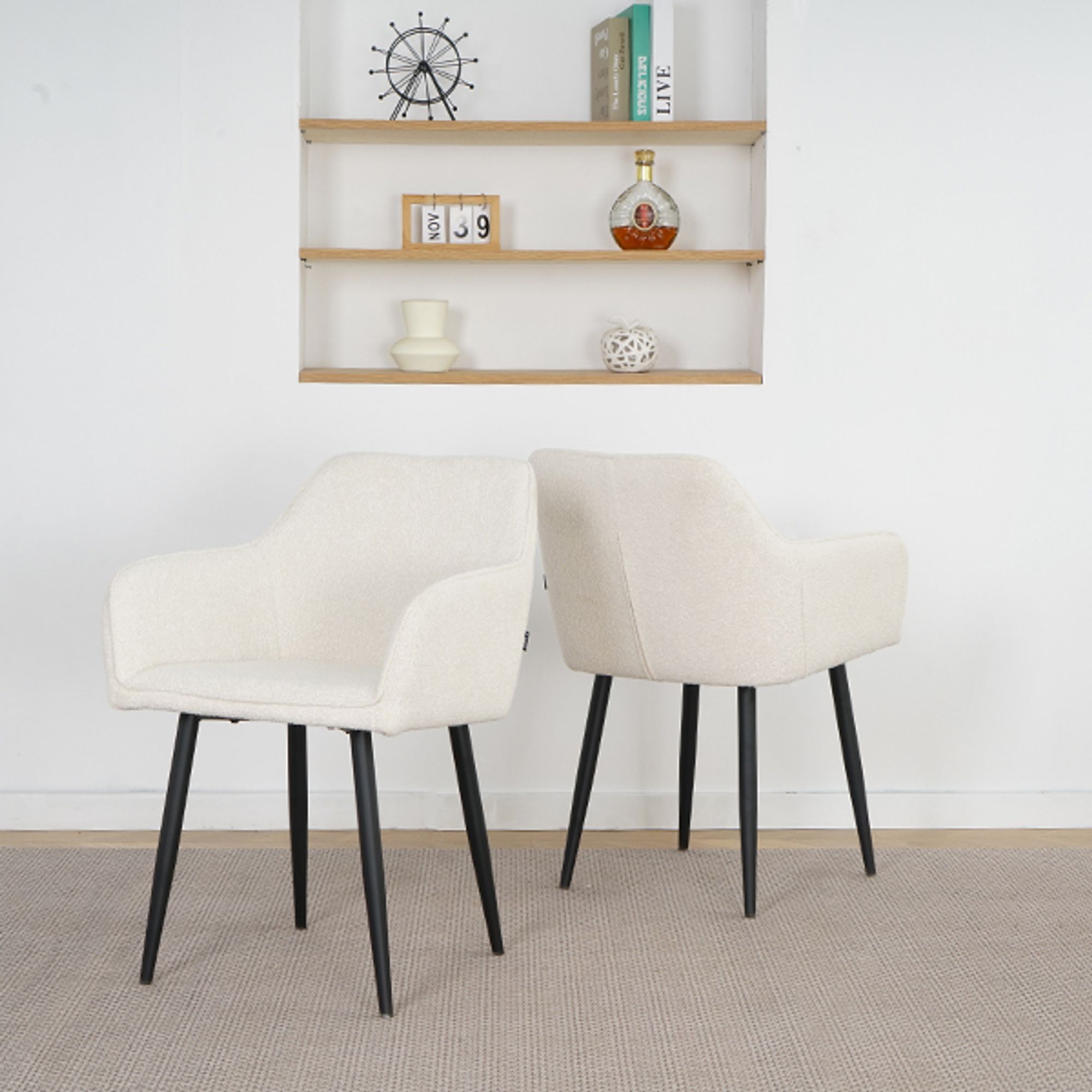 Lina® Diamond Esszimmerstühle 6er Set Bouclé Creme mit Armlehnen – Stilvoll für Esszimmer, Büro und Küche mit schwarzen Metallbeinen
