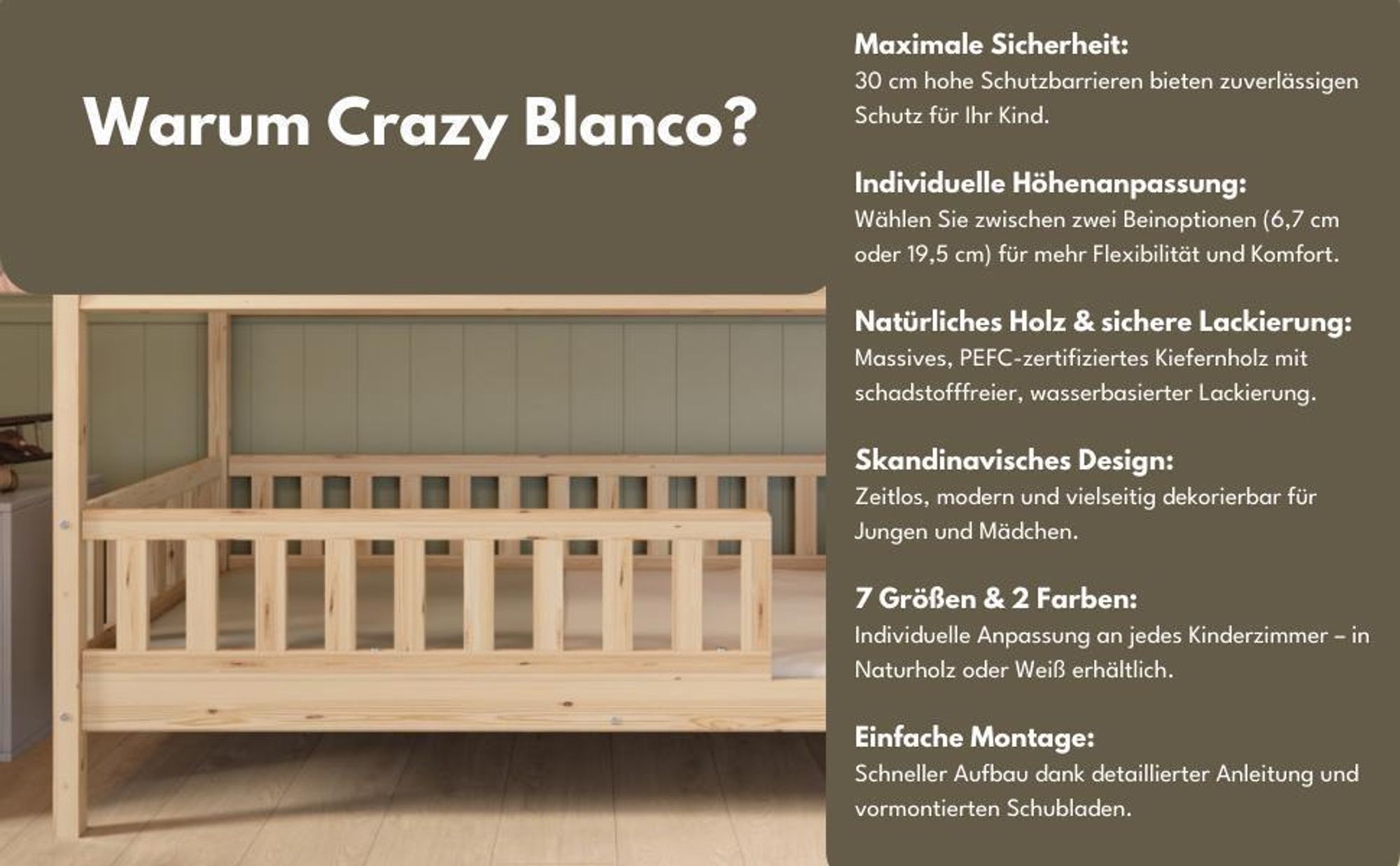 Crazy Pine Hausbett 190x100 cm – Kinderbett aus Naturholz in Weiß – Montessori Bodenbett mit Höhenverstellbaren Beinen - Crazy Blanco