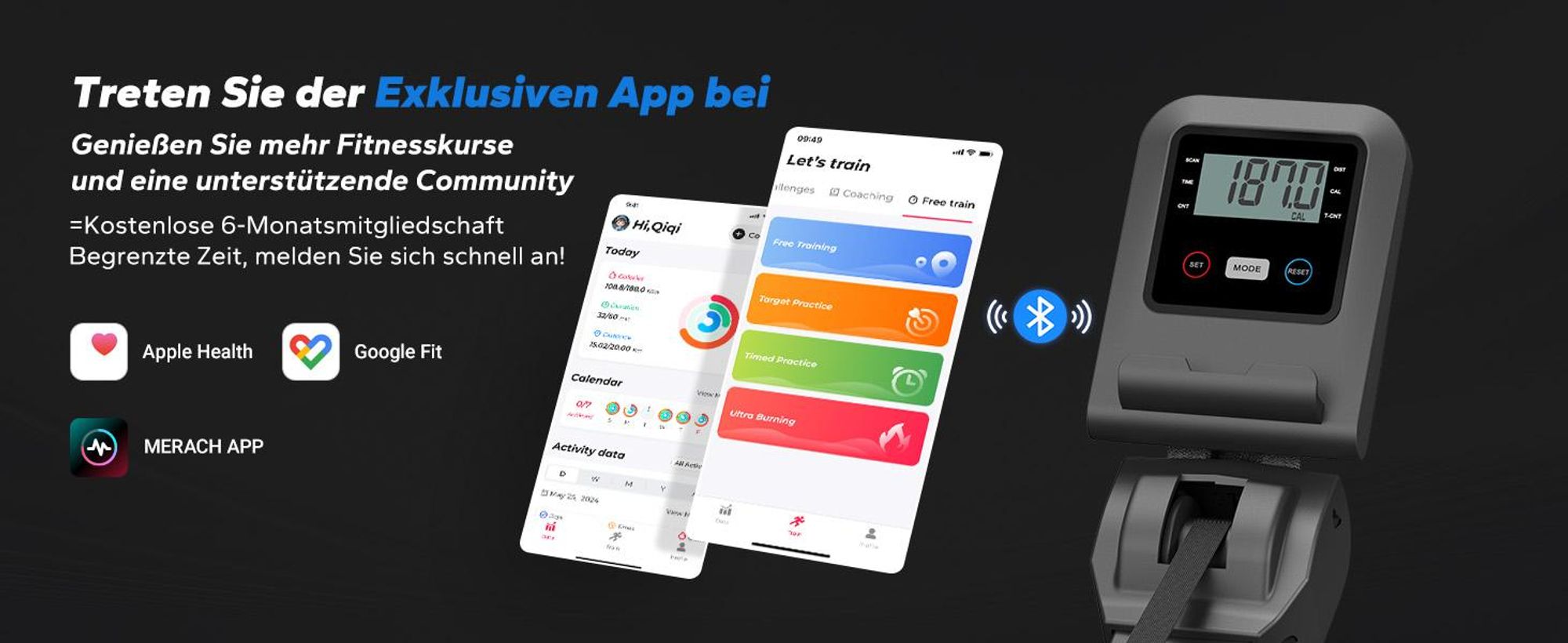 Magnetisches Rudergerät im Hai-Design – 16 Stufen, LCD & Bluetooth, extra leises Bremssystem, interaktive App & Kinomap-Kompatibilität, klappbar