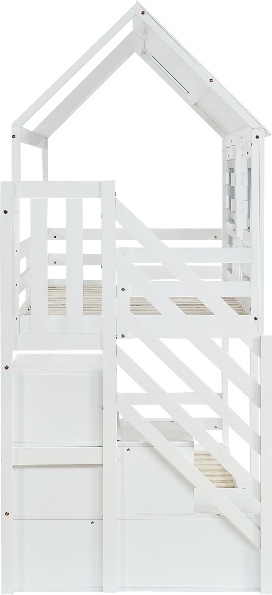Flieks Etagenbett 90x200cm für 2 Kinder, Kinderbett Hausbett mit Fenster & Dach, Hochbett Stockbett Bodenbett mit Rausfallschutz und Lattenrost, Weiß