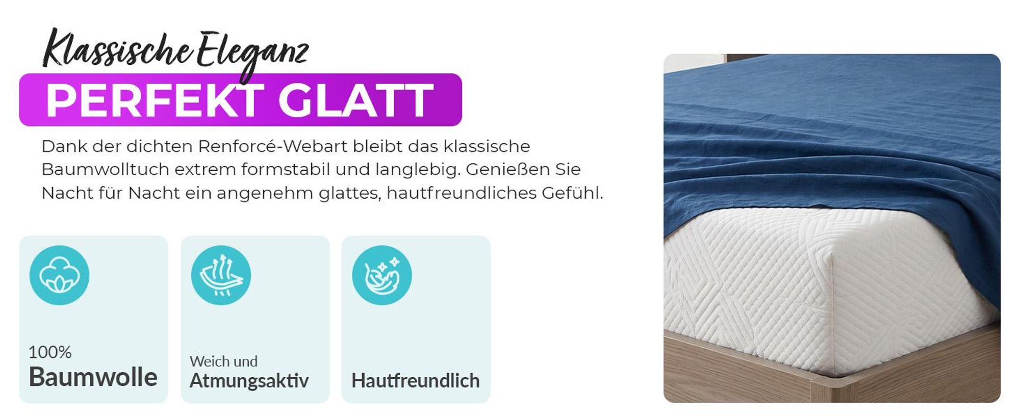 EllaTex Renforcé Bettlaken ohne Gummizug 140x200 Baumwolle – weiches Haustuch & Betttuch, Farbe: Anthrazit-Grau