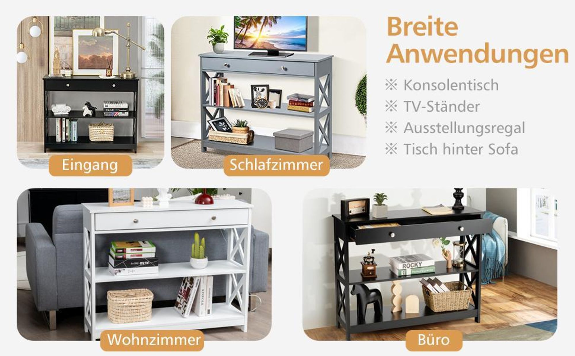 COSTWAY 3 Ebenen Konsolentisch mit Schublade, Flurtisch Holz, Standregal, Beistelltisch, Sofatisch, Flur, Wohnzimmer, 100 x 30 x 80 cm Weiß