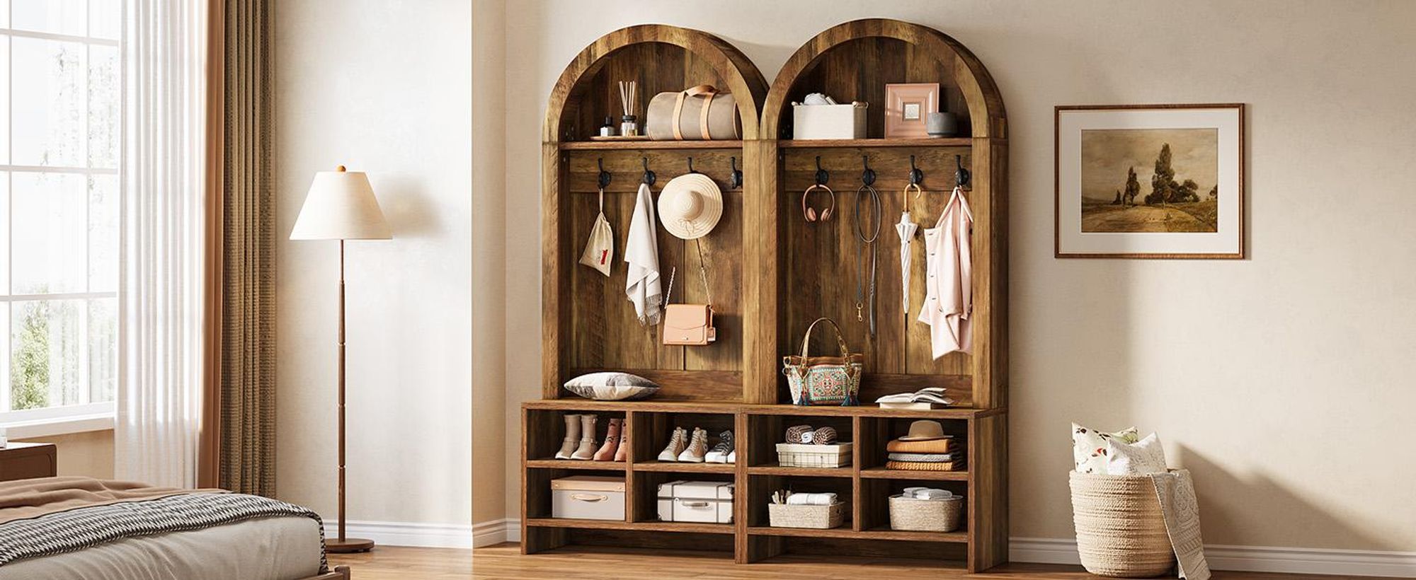 180 cm hoher Flurbaum mit Bank und Schuhablage, 4-in-1-Garderobe mit gewölbtem Bügelgestell und Schuhschrank, Flurmöbel mit 4 Haken