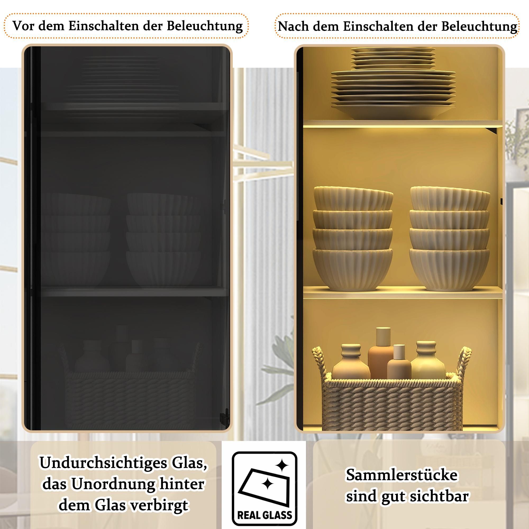 Merax Glasvitrine mit Glastür, Regale, Schubladen, Hochschrank, Stehend Vitrinenschrank für Wohnzimmer Schlafzimmer, 140x40x160cm, Weiß