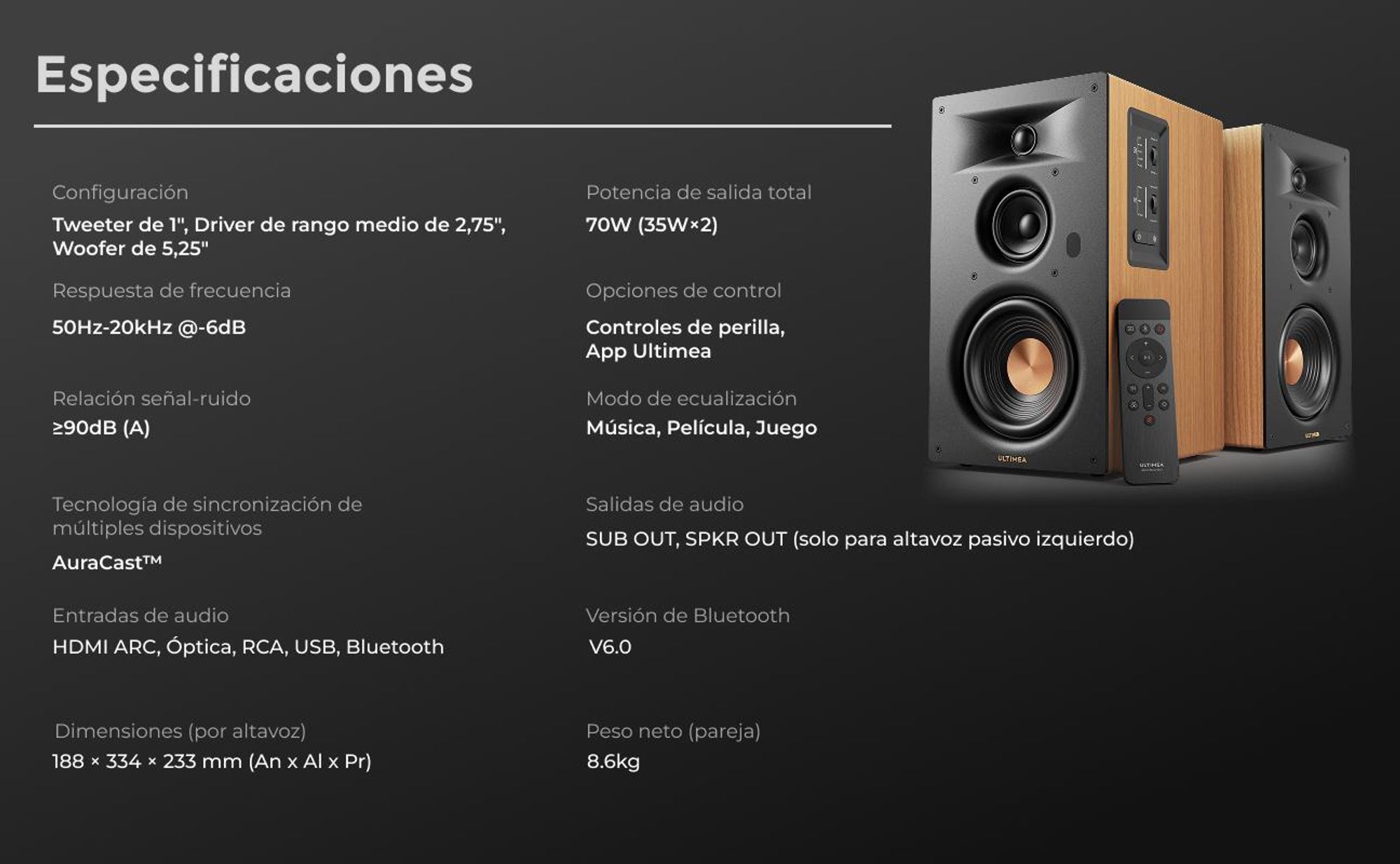 Ultimea Signature BS-30, altavoz activo de 3 vías, altavoz de estantería, tipo "bookshelf", con conexión HDMI
