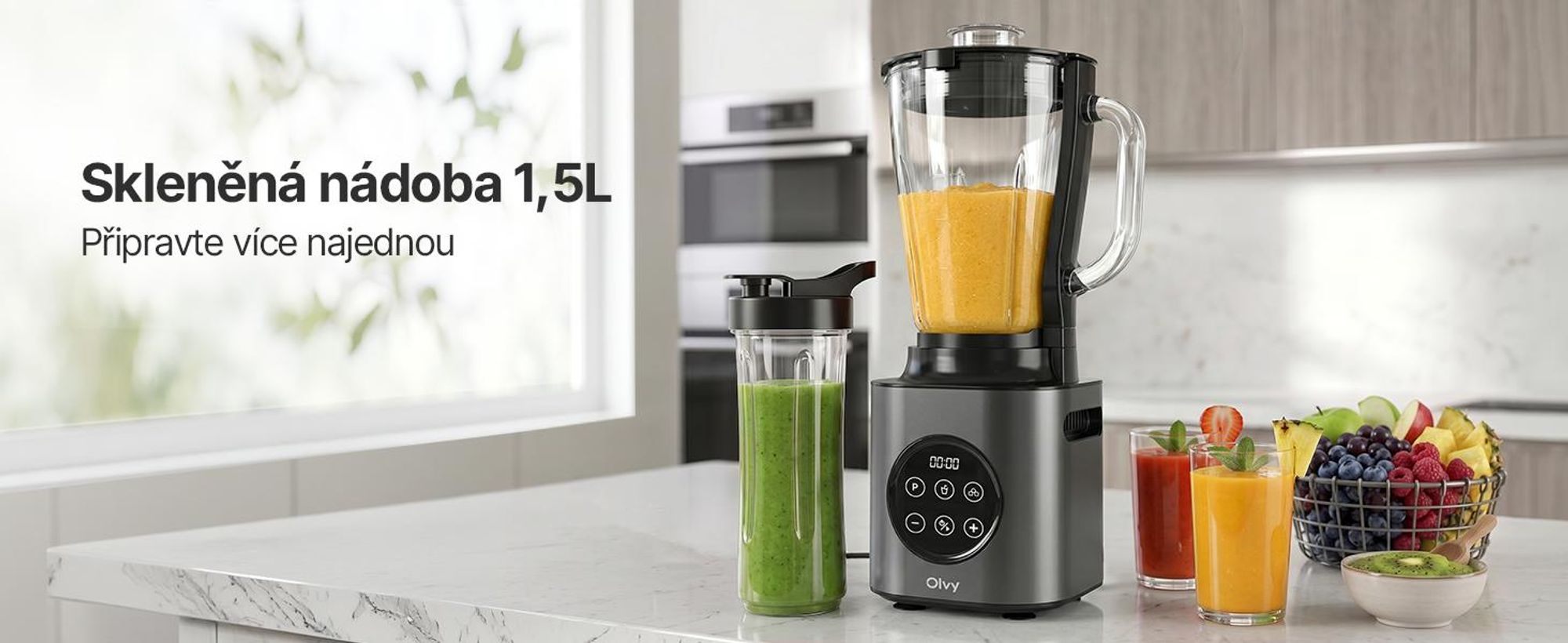 Mixér Olvy, 1000 W, s 1,5litrovou skleněnou nádobou a 600ml kelímkem z materiálu Tritan, 9 rychlostí, pulzní funkce, drcení ledu, funkce pro přípravu smoothie a mléčných koktejlů