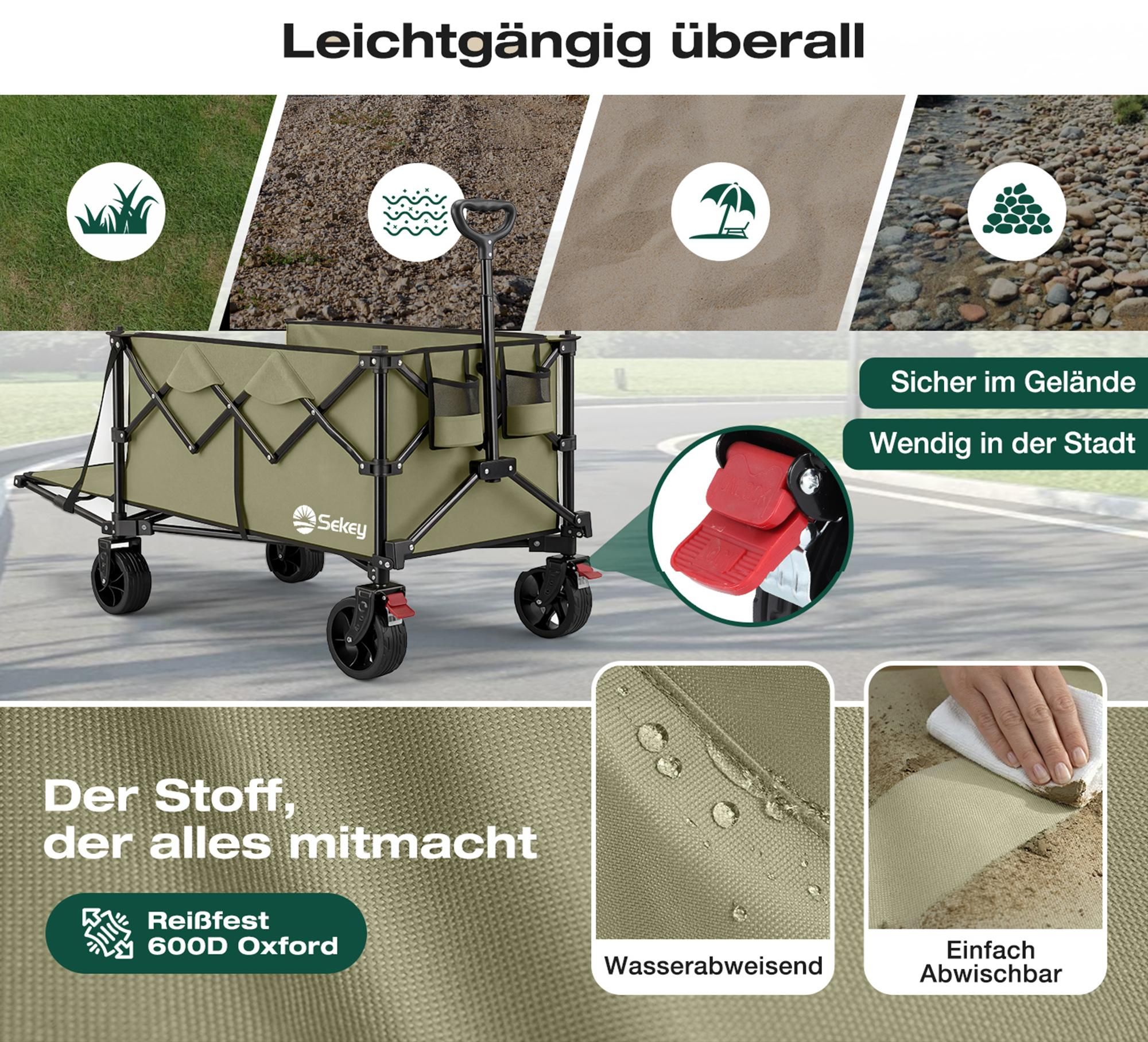 Sekey Klappbar Bollerwagen mit Faltbarer Heckklappe, 160L & 240L 150KG, Olivgrün