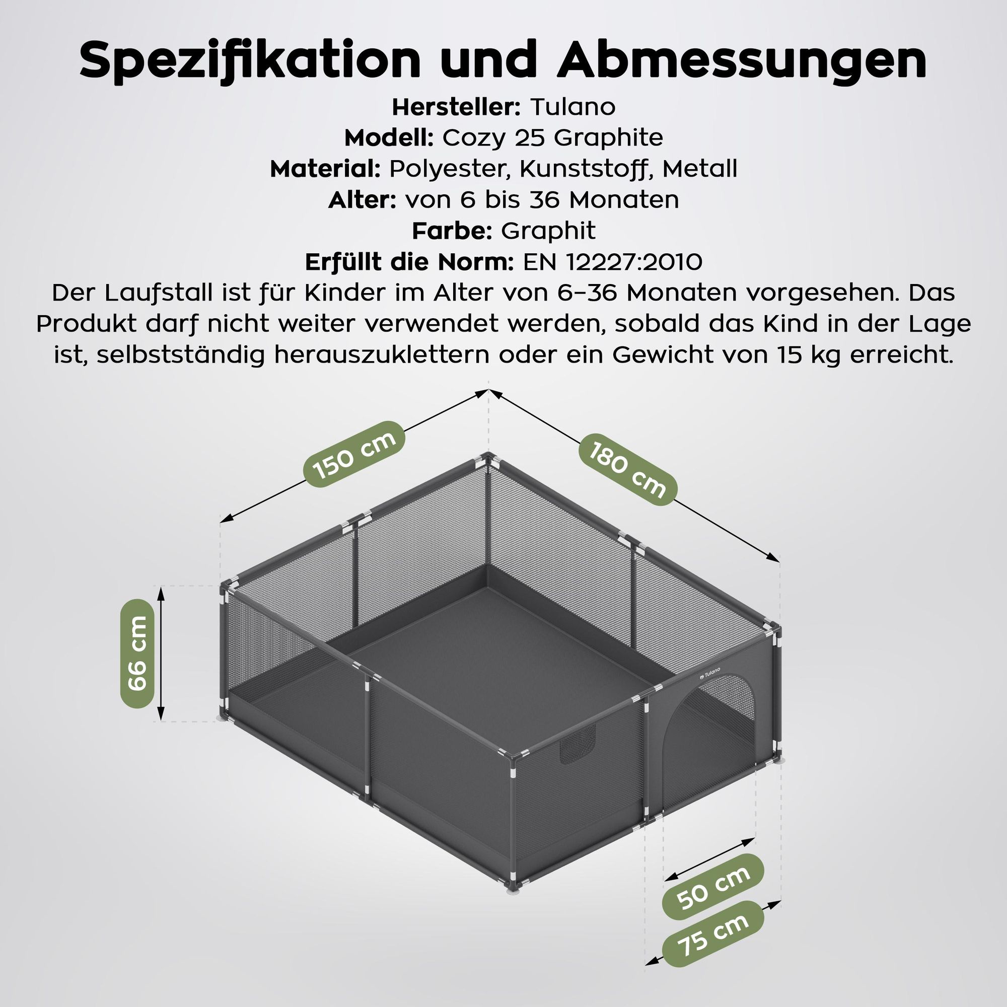 Tulano Cozy 25 Baby Laufstall 150x180 cm, faltbar, mit Reißverschluss, Metallrahmen, Netzseiten, BPA-frei, für Babys 6–36 Monate, Graphit