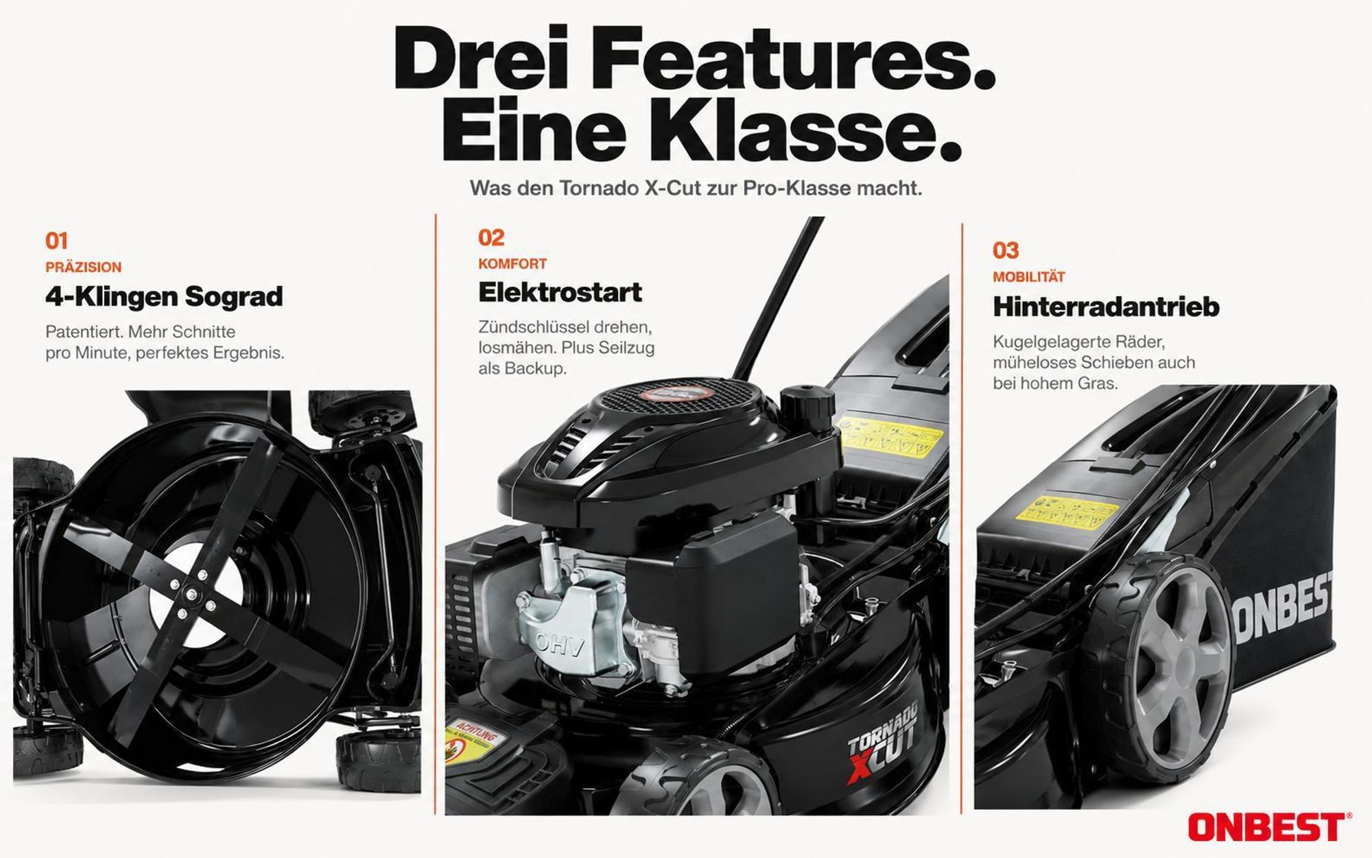 ONBEST Rasenmäher Benzin mit Antrieb TXC-3653E | 53 cm Schnittbreite | Elektrostart | 6,5 PS | Doppelmesser mit Sograd