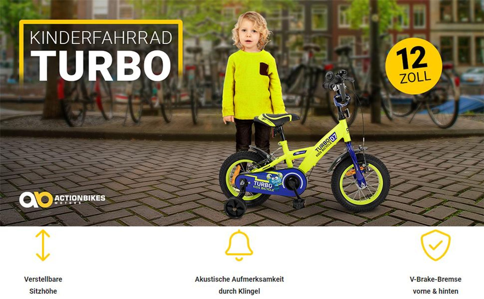 Actionbikes Kinderfahrrad Turbo 12 Zoll | Kinder Fahrrad - V-Brake Bremsen - Kettenschutz - Jungenfahrrad - Junge - Stützräder - 2-5 Jahre (Gelb/Blau)