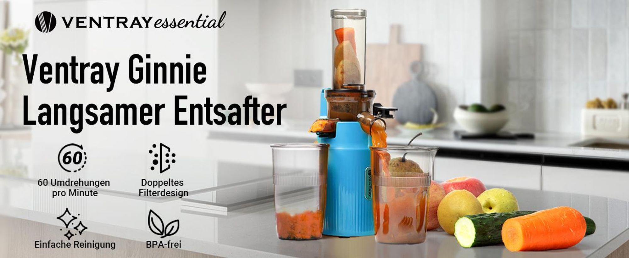 Ventray Essential Ginnie - Kaltpress Entsafter, Slow Juicer Kompakt & Leise (60 U/min, 45mm Einfüllöffnung), BPA-frei, 400ml, Einfache Reinigung