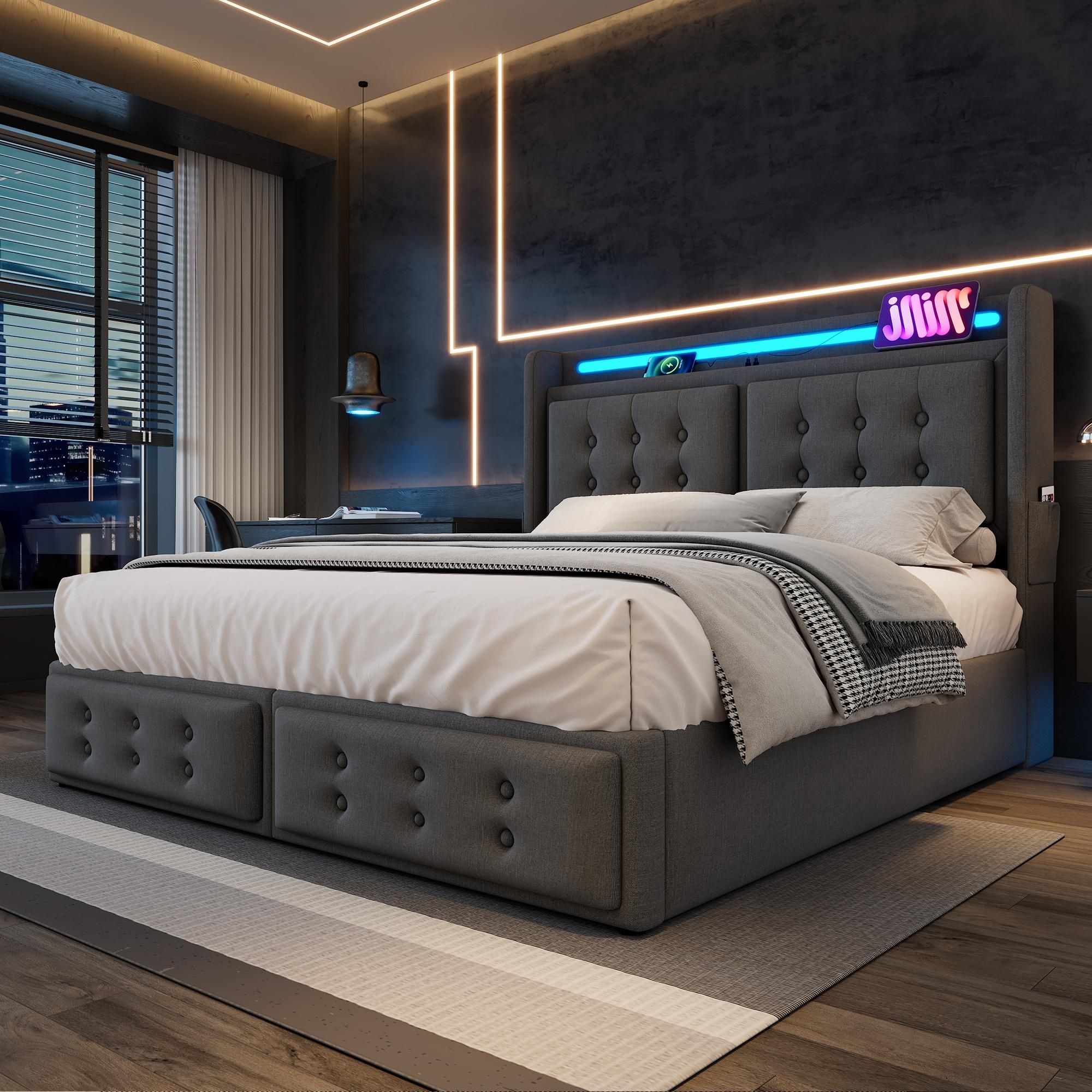 Flieks Polsterbett 180x200cm mit Ladefunktion, Doppelbett Jugendbett mit LED, Hydraulisches Stauraumbett Boxspringbett mit Lattenrost, Baumwolle, Grau