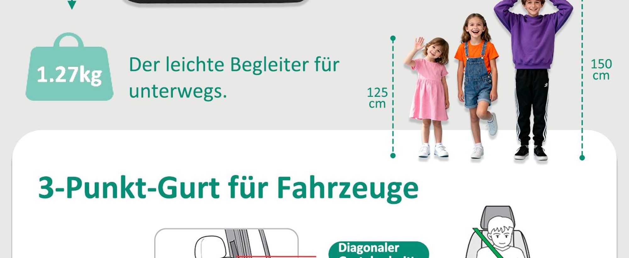 Bemesu Kinder-Autositzerhöhung,ECE R 129 Dreipunkt-Sicherheitsgurt,Booster-Pad,Leicht zu tragen，125–150 cm,6–10 Jahre,Schwarz