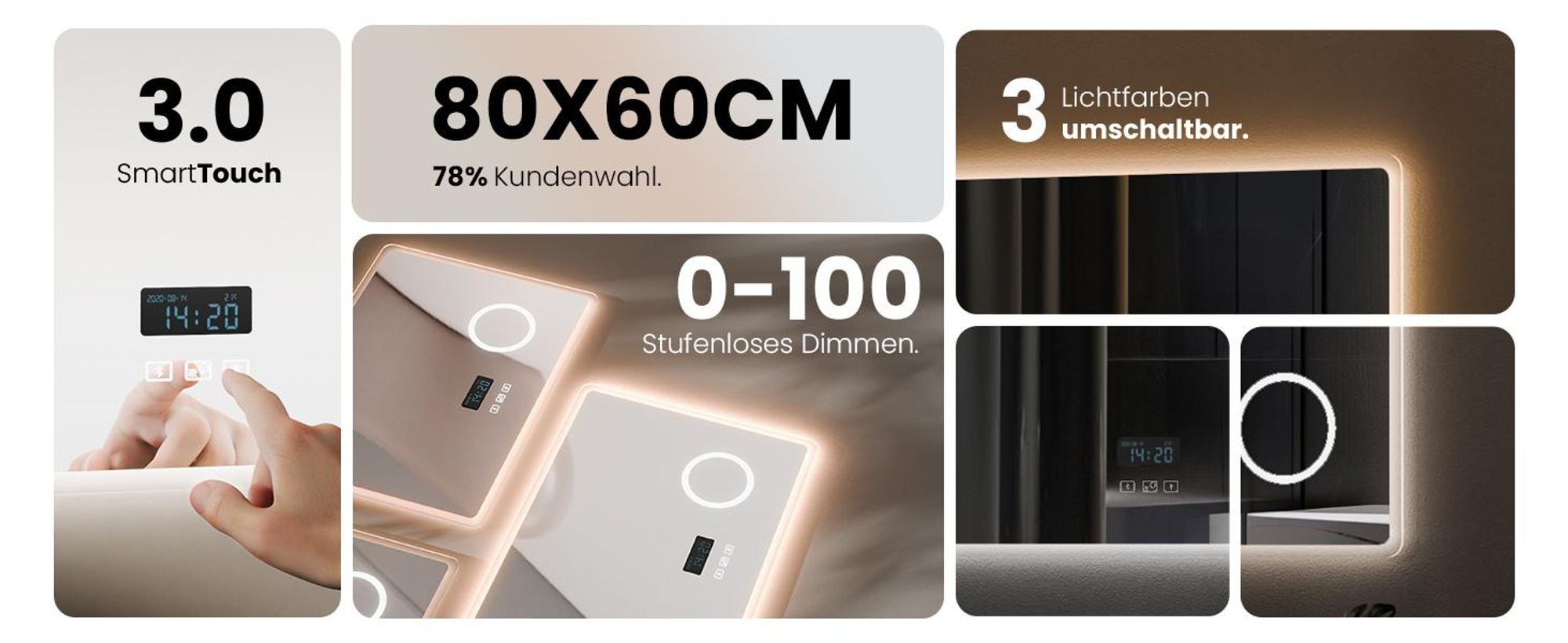 EMKE Badspiegel mit 3X Vergrößerung Touchschalter 3 Lichtfarben Dimmbar Antibeschlag Uhr Bluetooth 80X60cm