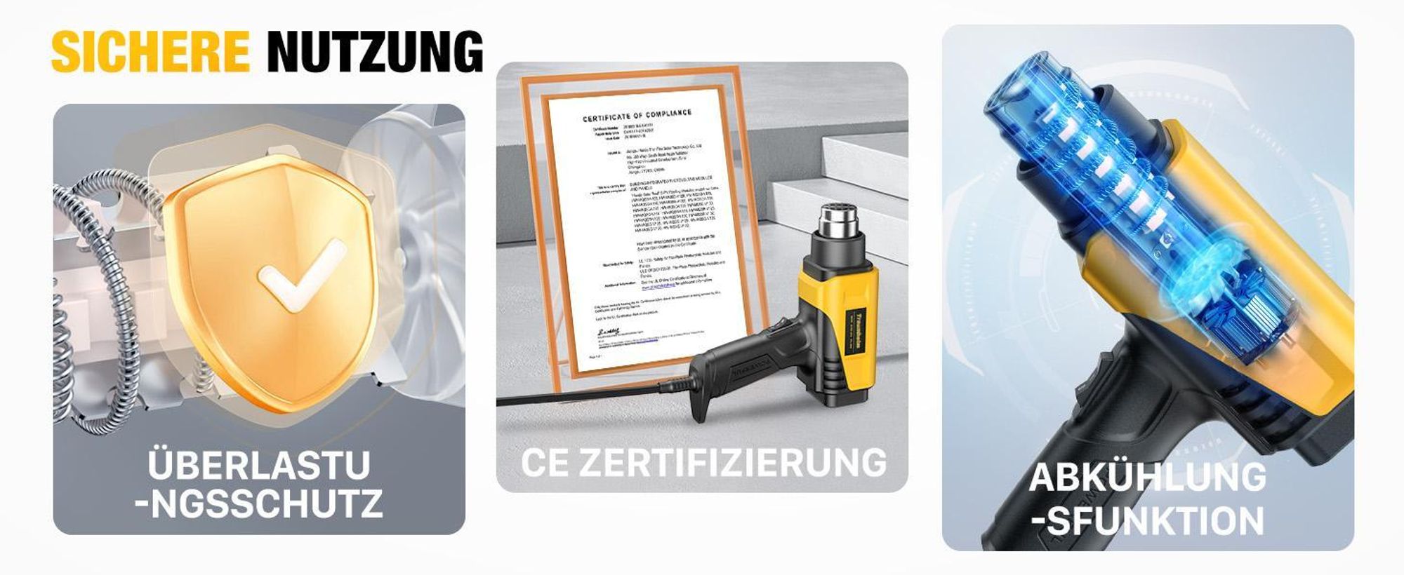 Heißluftpistole, LCD-Digitalanzeige, 50-650℃ temperaturregelbar, Luftstrom einstellbar, Überlastschutz, für Basteln, Schrumpfen, Lackentfernung