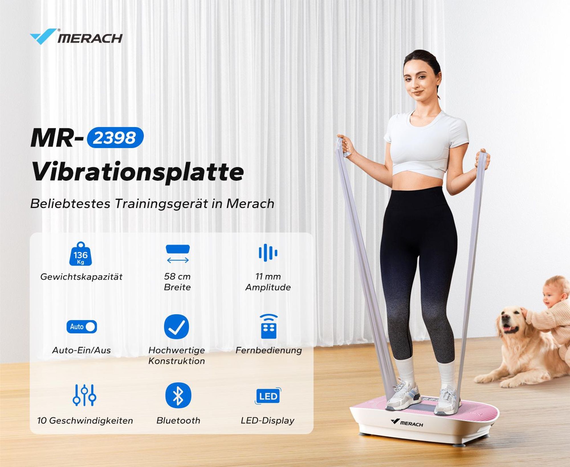 MERACH Vibrationsplatte Trainingsgerät – mit 10 Intensitätsstufen, für Ganzkörpertraining, Fettverbrennung, Muskelaufbau & Formung, rosa