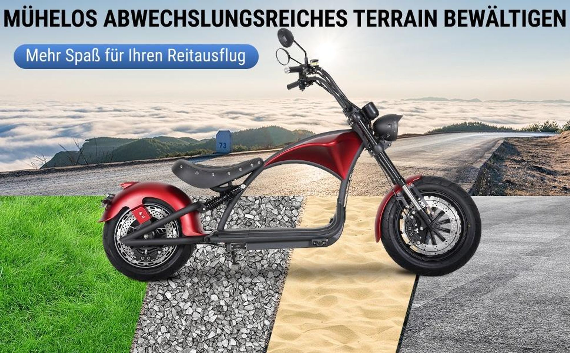 M1P E-Chopper Elektro-Kleinkraftrad 45 km/h, 2000W, 60V 30Ah Lithium-Akku, 80 km Reichweite, Hydraulikbremsen, Federung, abnehmbarer Akku, 200 kg