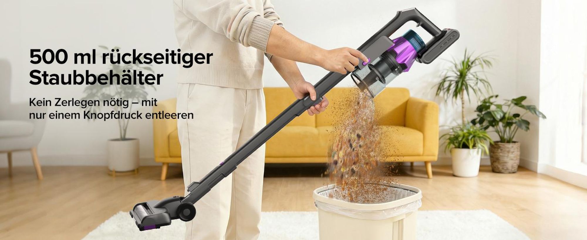 Lubluelu Akku-Staubsauger,85000PA/ 650W/70Min, Staubsauger Kabellos Mit Selbststehendes Design, Flexibles Biegegelenk, Anti-Tangle Bodenbürste,G30