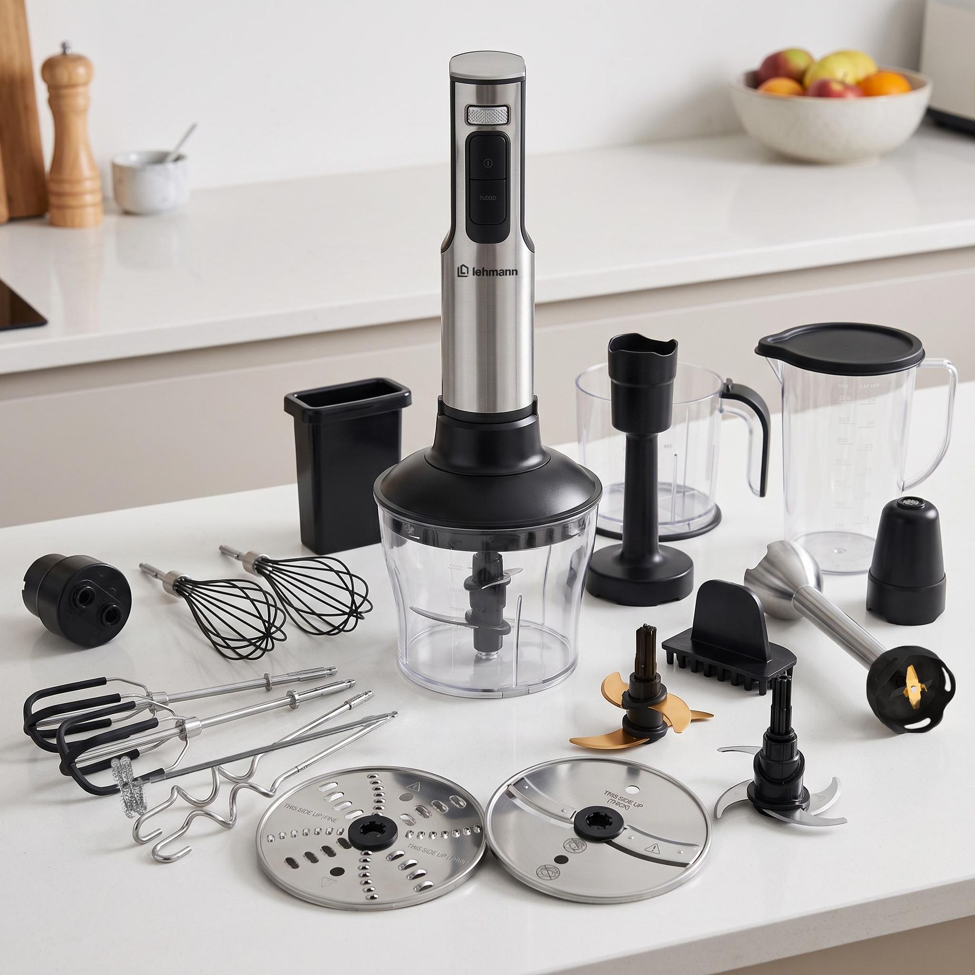Blender ręczny LEHMANN SELECTO DELUXE mikser, rozdrabniacz, siekacz z zestawem tarek, 2000W, duży zestaw