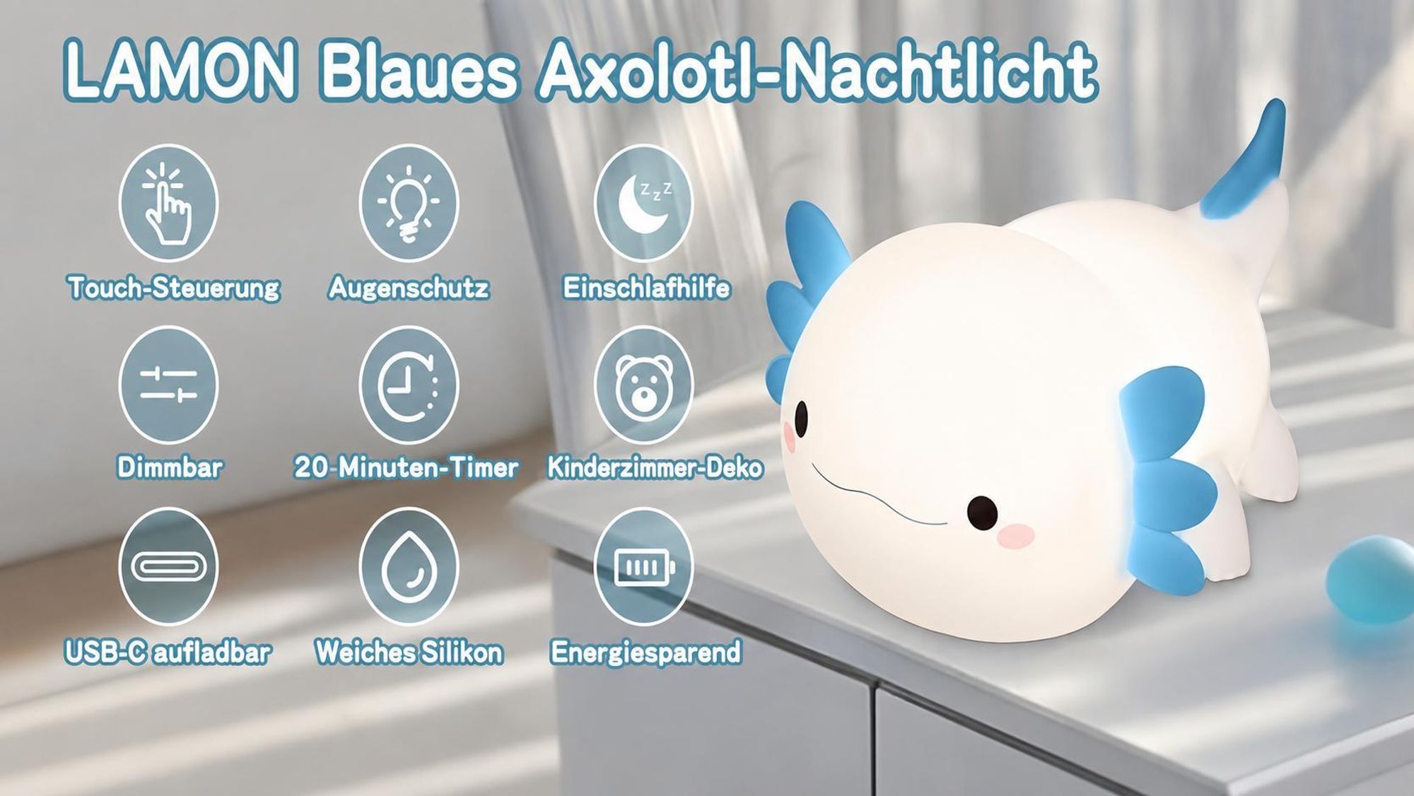 LED Axolotl Nachtlicht,Verstellbares Silikon -Nachtlicht,USB -Ladebett -Nachttischlampen,Berührungssteuerung,Geschenk mit Timer,Babyzimmerdekor,Blau