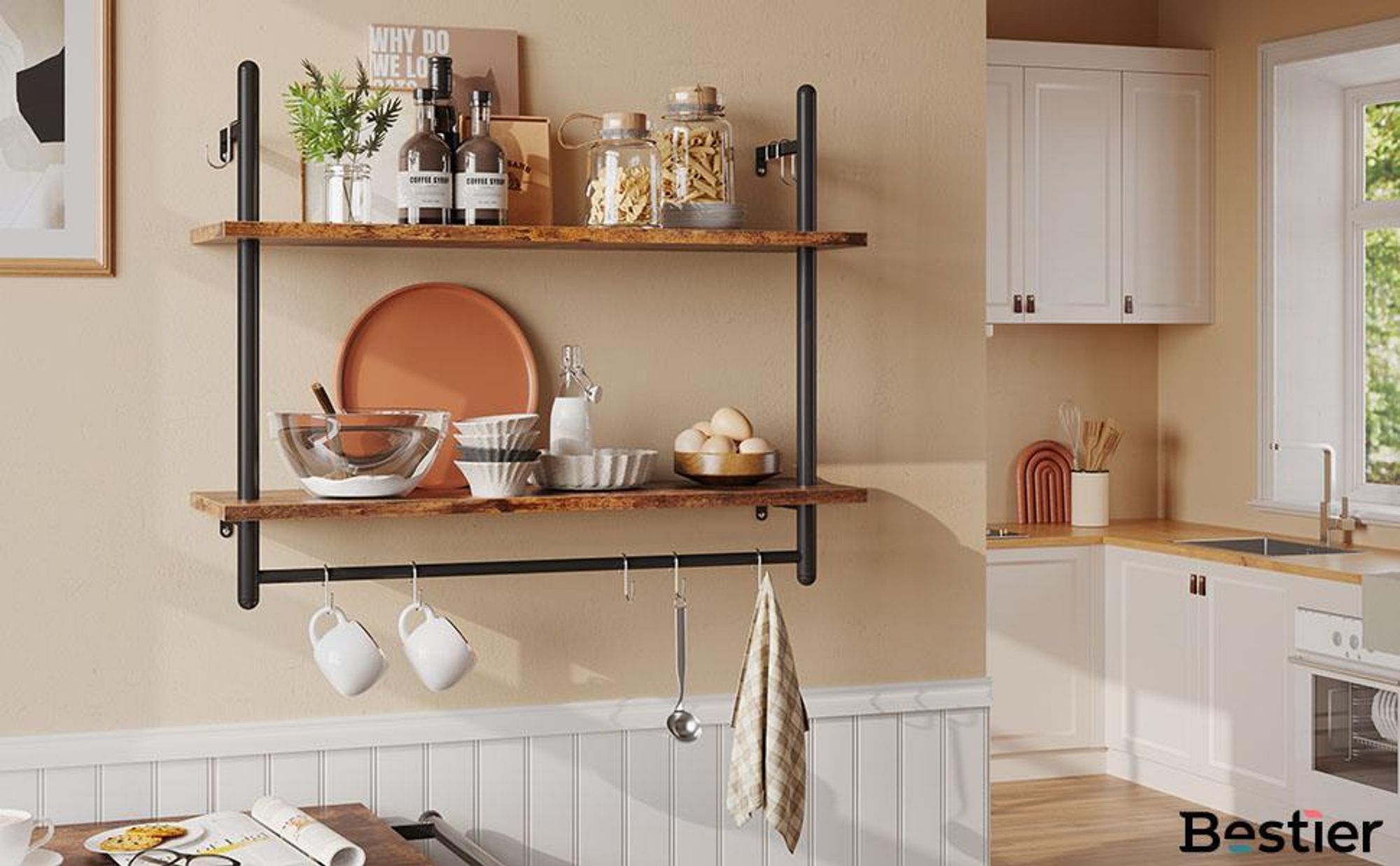 Wandregal Industrie-Look mit Haken | 2-stufiges schwebendes Rohrregal 80x64cm | Aus Holz für Küche, Wohnzimmer, Badezimmer | Deko- & Aufbewahrungsrega