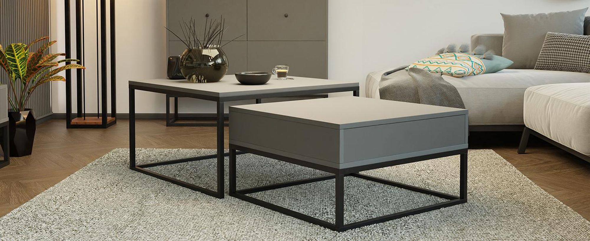 Idohome - Couchtisch 2er Set 2in1, mit Schublade und Stauraum, Push-to-Open, Metallrahmen, ELEGANT - Farbe Grau