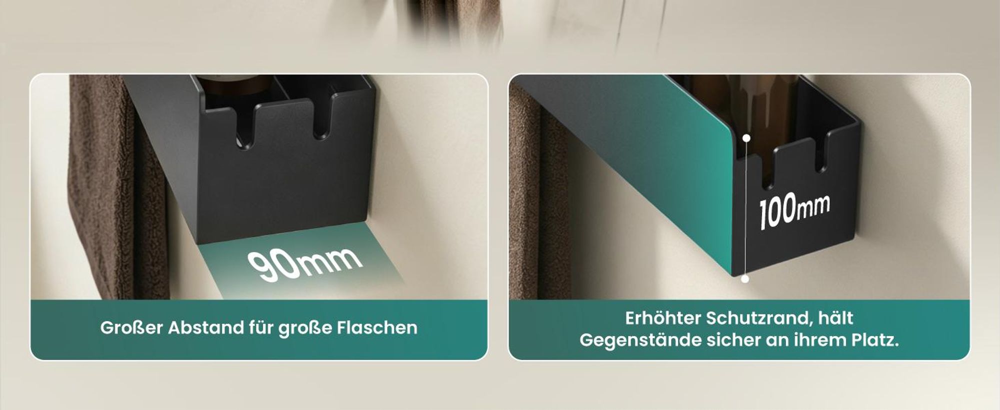 Mai & Mai Duschablage ohne Bohren mit Handtuchhalter, Shampoo Halterung für Dusche, Bad, Küche 60cm Schwarz Reglo-18