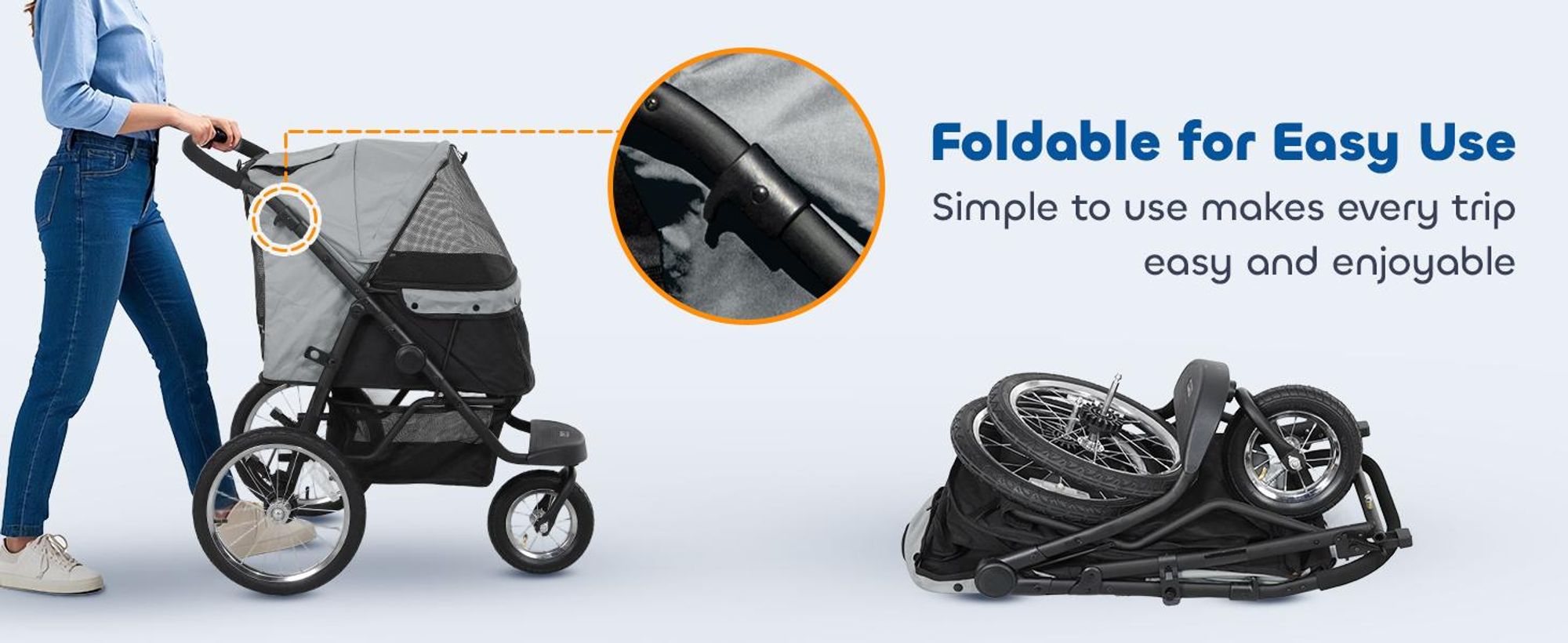 Wózek dla psa PawHut Jogger Dog Buggy składany dla małych psów i kotów do 10 kg, z 3 dużymi gumowymi kołami, poduszką, siateczką, koszem do przechowywania, wózkiem dla kota ze smyczami bezpieczeństwa, szary