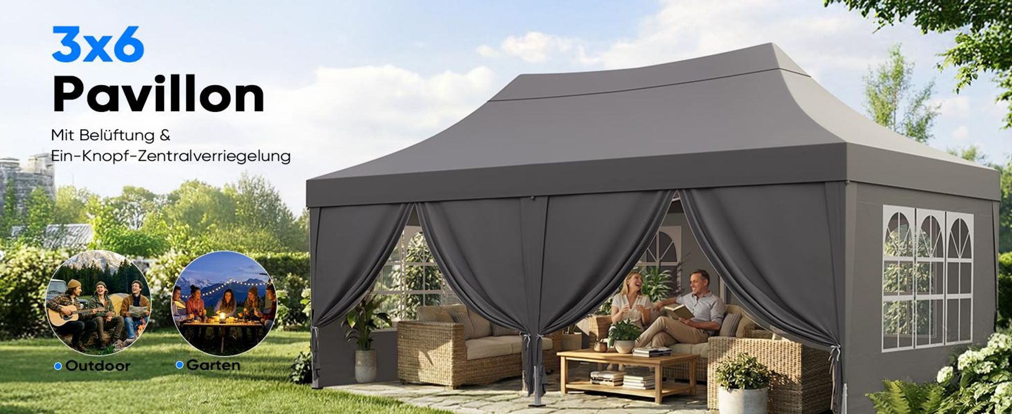 Quictent Pavillon 3x6m Faltpavillon Wasserdicht Stabil mit 6 Seitenteilen Partyzelt Pop Up Camping Pavillon Gartenzelt Gartenpavillon für Garten, Part