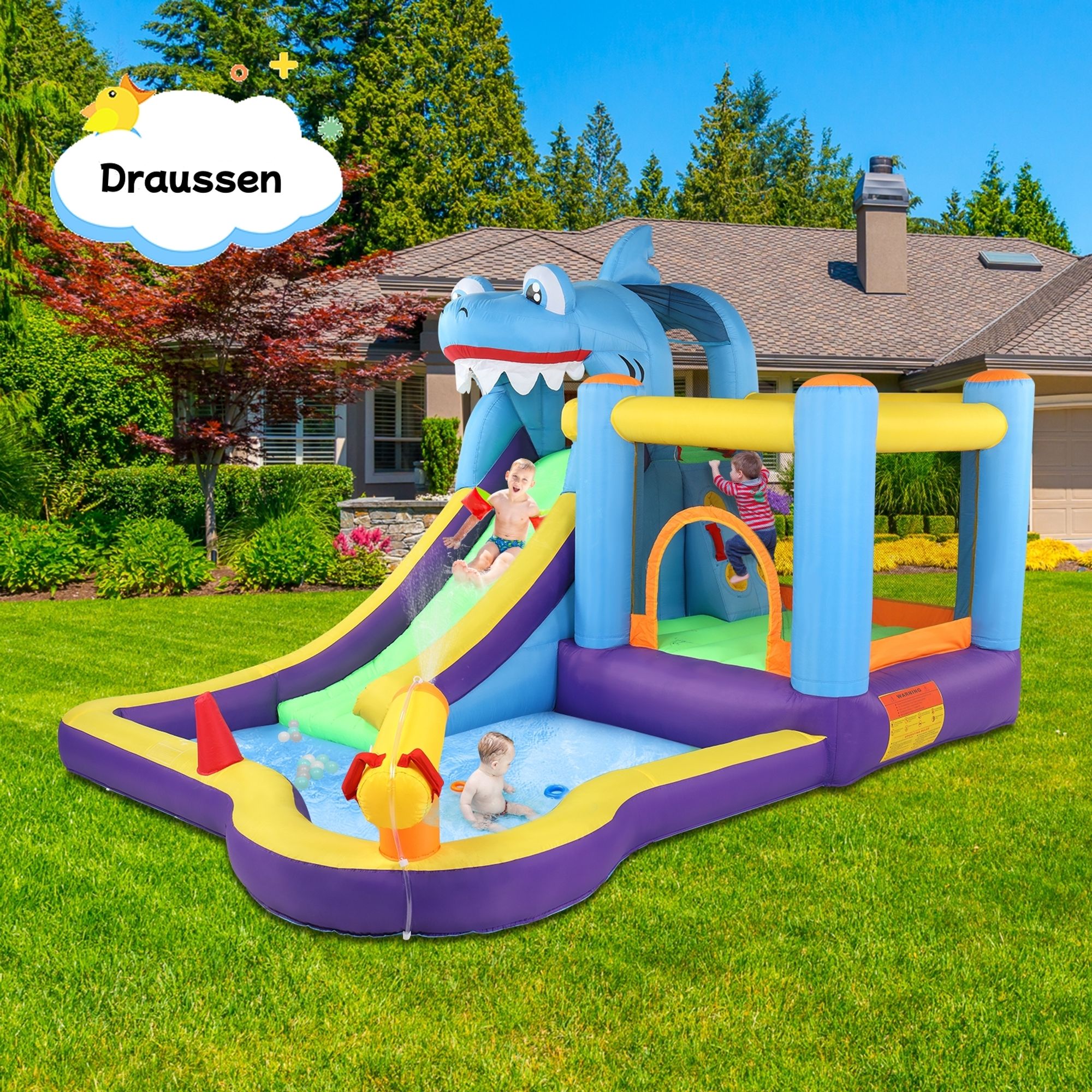 FCH Hüpfburg aufblasbar mit Rutsche Wasserrutsche Spielpool Wasserspielcenter Wasserpark Planschbecken 350x300x225cm（mit Gebläse）