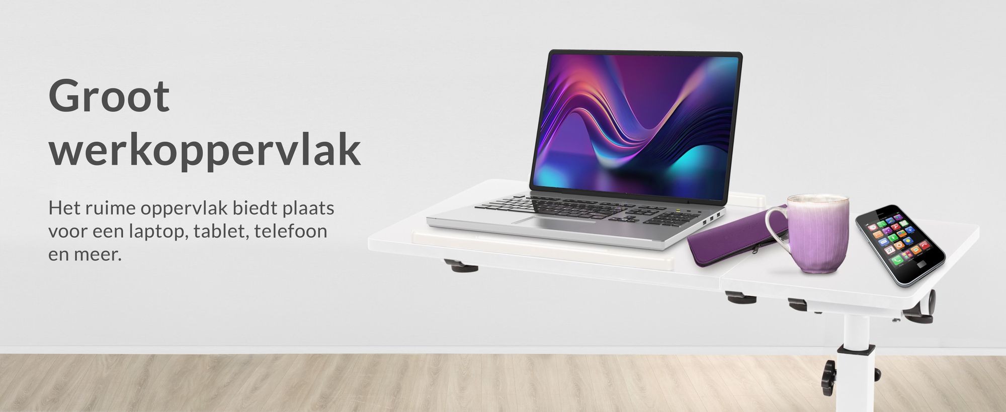 ELONEO mobiele bedtafel op wielen, verstelbare hoogte/breedte, kantelbaar/opklapbaar tafelblad, nachtkastje voor ziekenbed, verpleegbed, laptoptafel (wit)