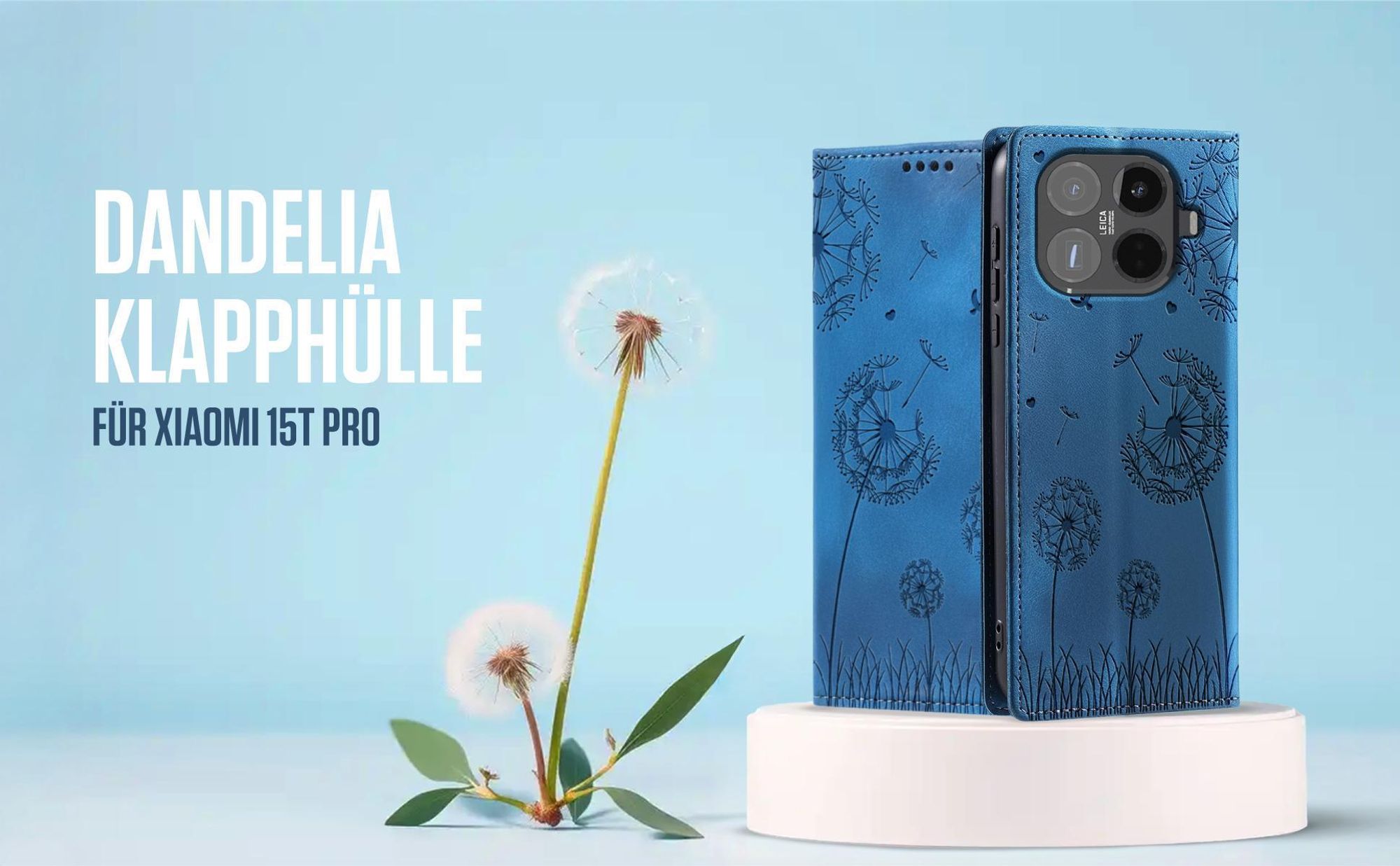 Blaue Klapphülle für Xiaomi 15T Pro mit feiner Löwenzahn Prägung