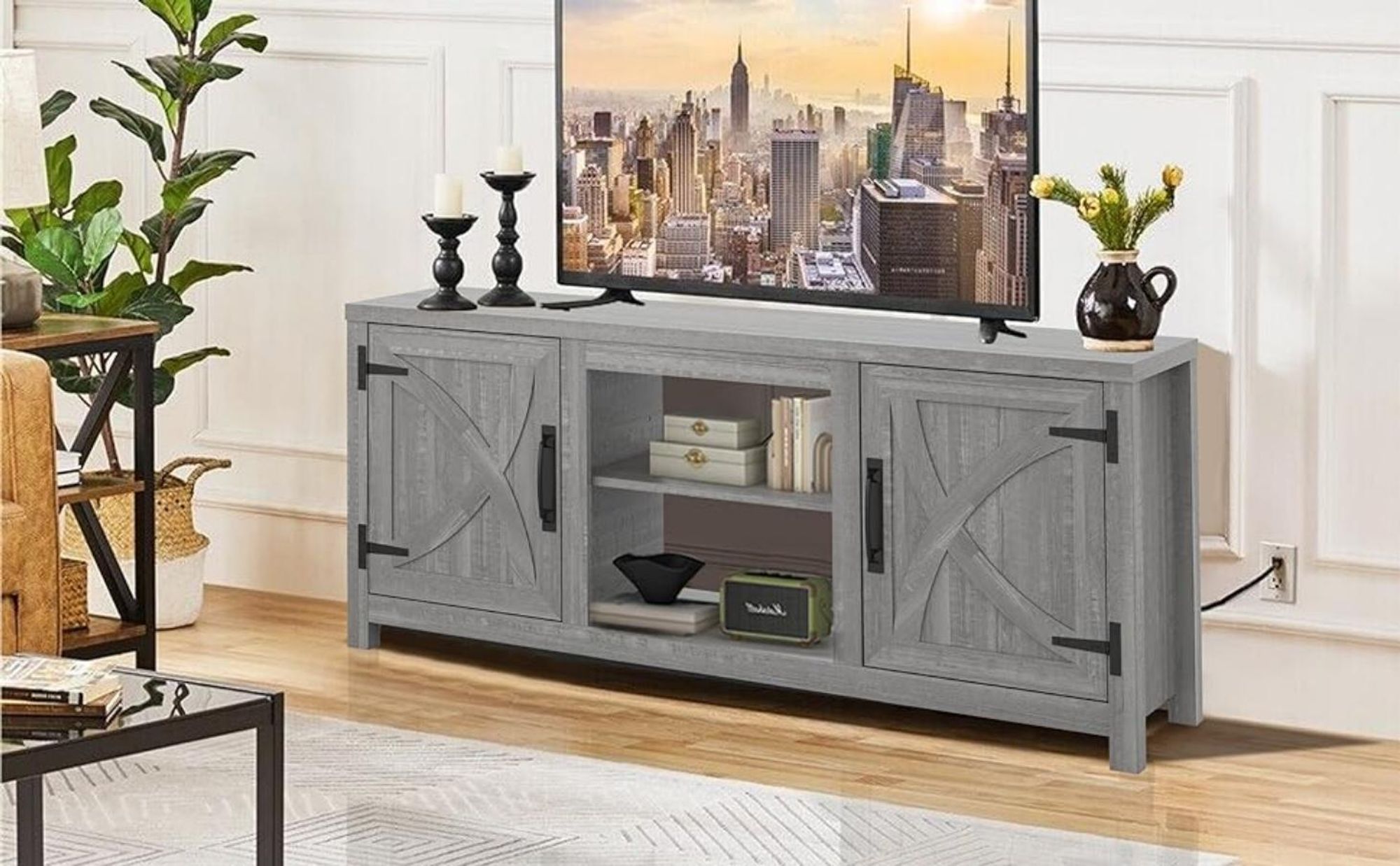 Parrot Uncle TV-Schrank für Fernseher bis 65 Zoll, MDF, Grauer , mit 2 offenen Fächern und 2 Tür, 147 x 41 x 62 cm, 54 kg Tragkraft