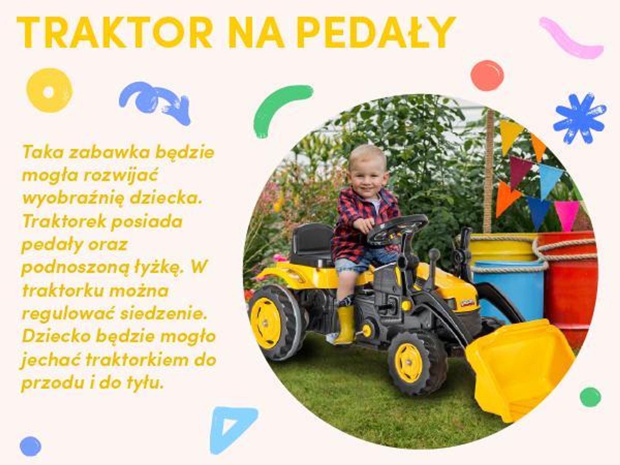 Duży żółty traktor na pedały z ładowarką