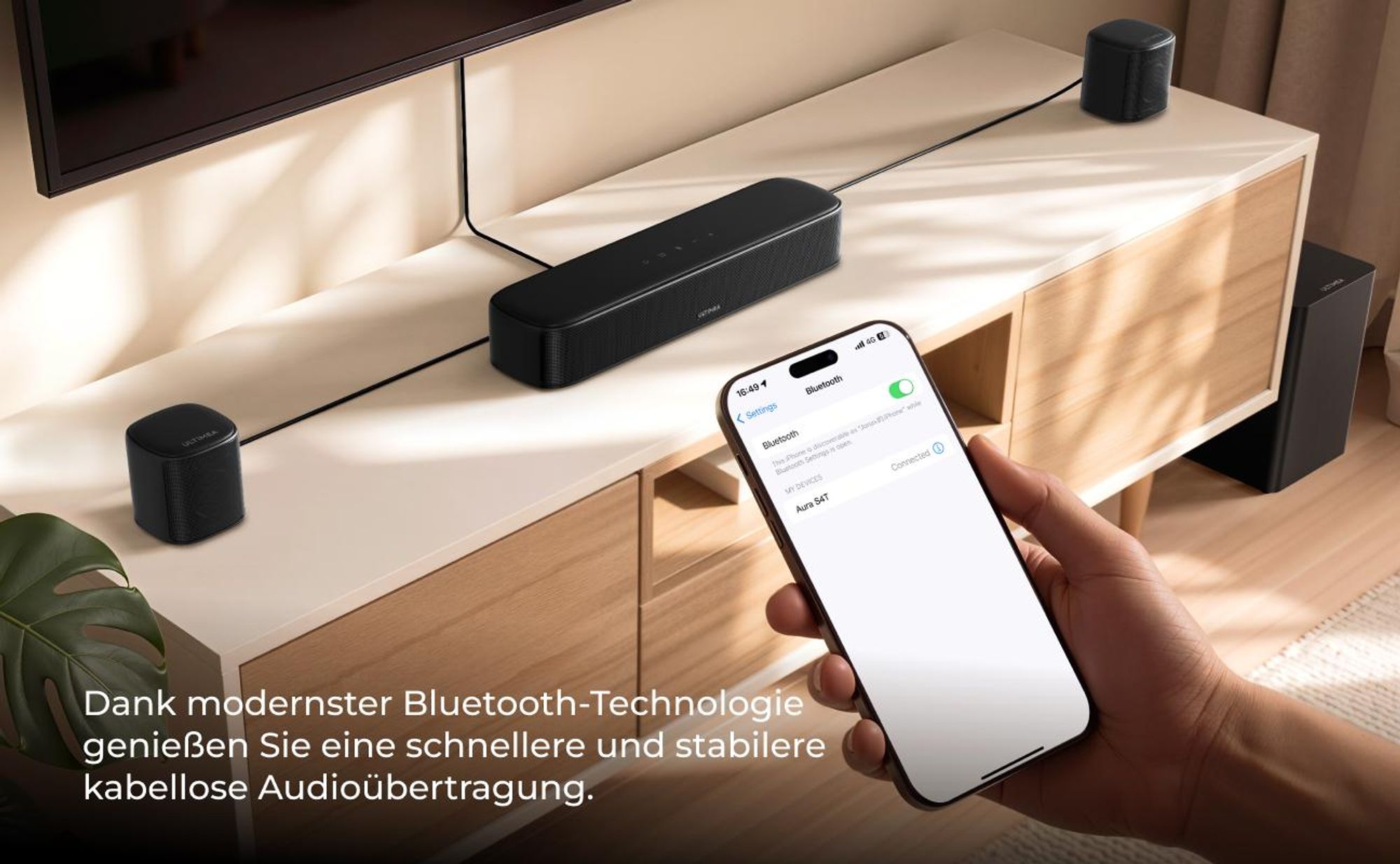 ULTIMEA Aura S4T 7.1-Kanal TV-Soundbar mit 4 Surround-Lautsprechern, Heimkino-Soundsystem mit 5,25" Subwoofer, App-Steuerung, HDMI/OPT/AUX, 350W