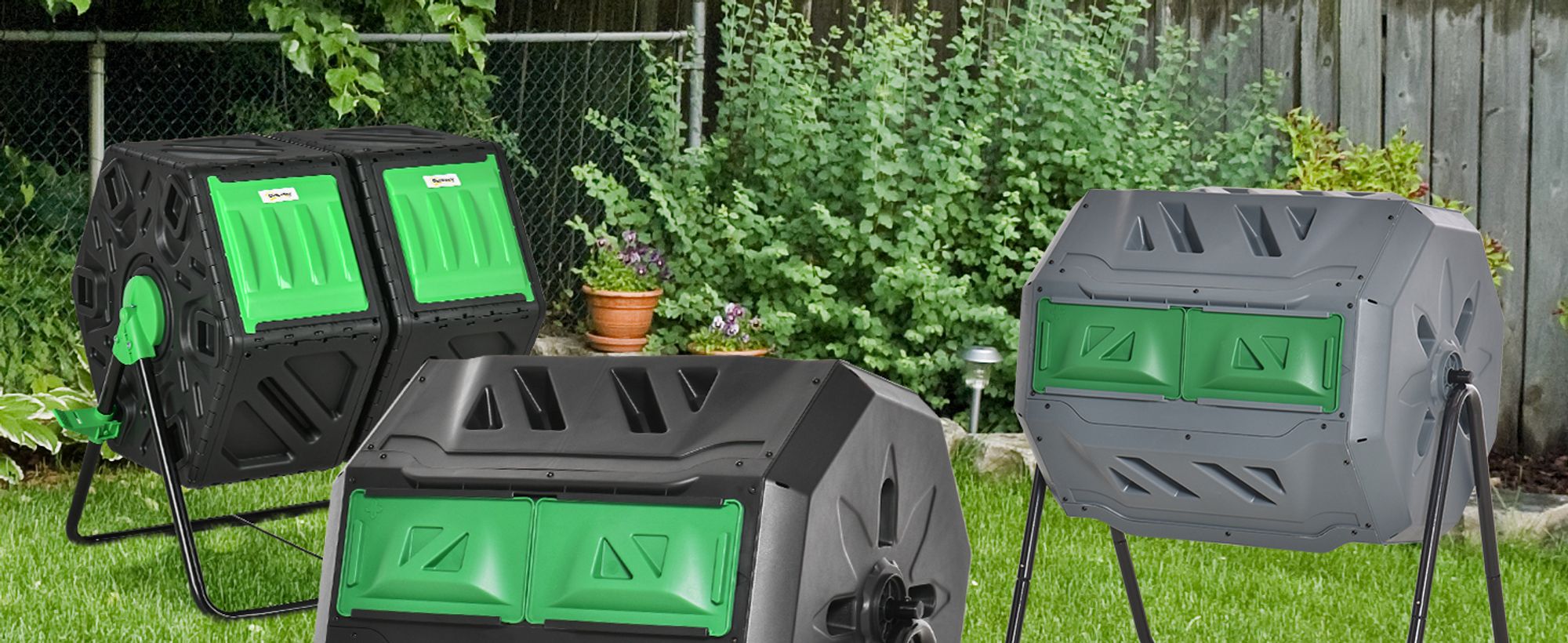Outsunny Trommel-Komposter, 160L Gartenkomposter mit 2 Kammern, Drehbarer Schnellkomposter, für - und Garten-Abfälle, Schwarz