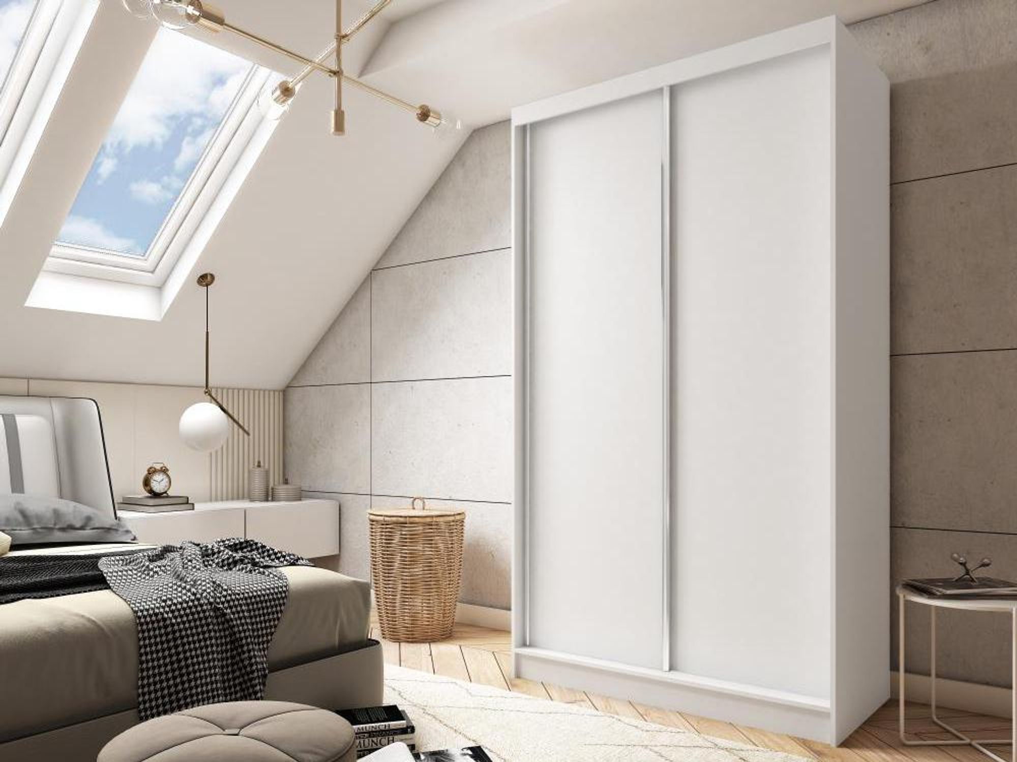 BEAUTYSOFA Kleiderschrank MARIO II 120 cm Weiß – Schwebetürenschrank mit 2 Schubladen, 2 Schiebetüren, Regale & Kleiderstange, Schrank ohne Spiegel