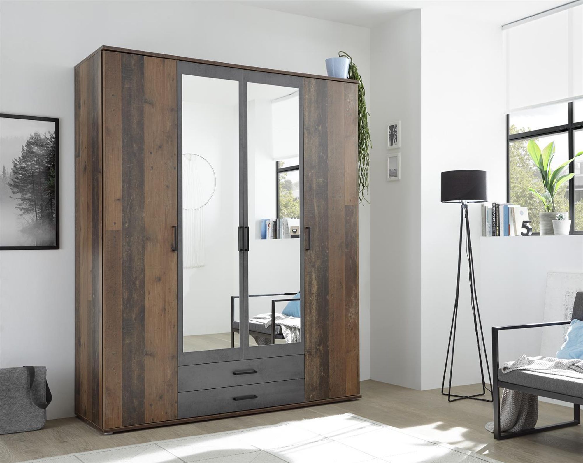 Cilli Kleiderschrank Old Style – moderner Drehtürenschrank mit Spiegel und viel Stauraum