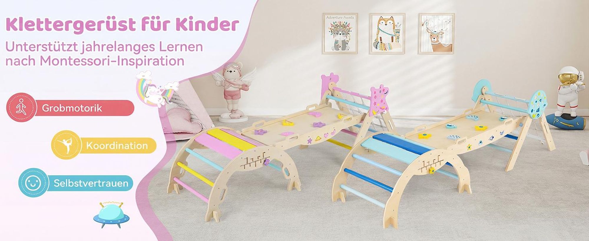 COSTWAY Dreieck-Kletterset, faltbares Dschungelturngerät mit Bogen, Rampe, Kletterer, Blöcken&Labyrinthspiel, Holz-Spielzeug, Montessori-Spielzeug