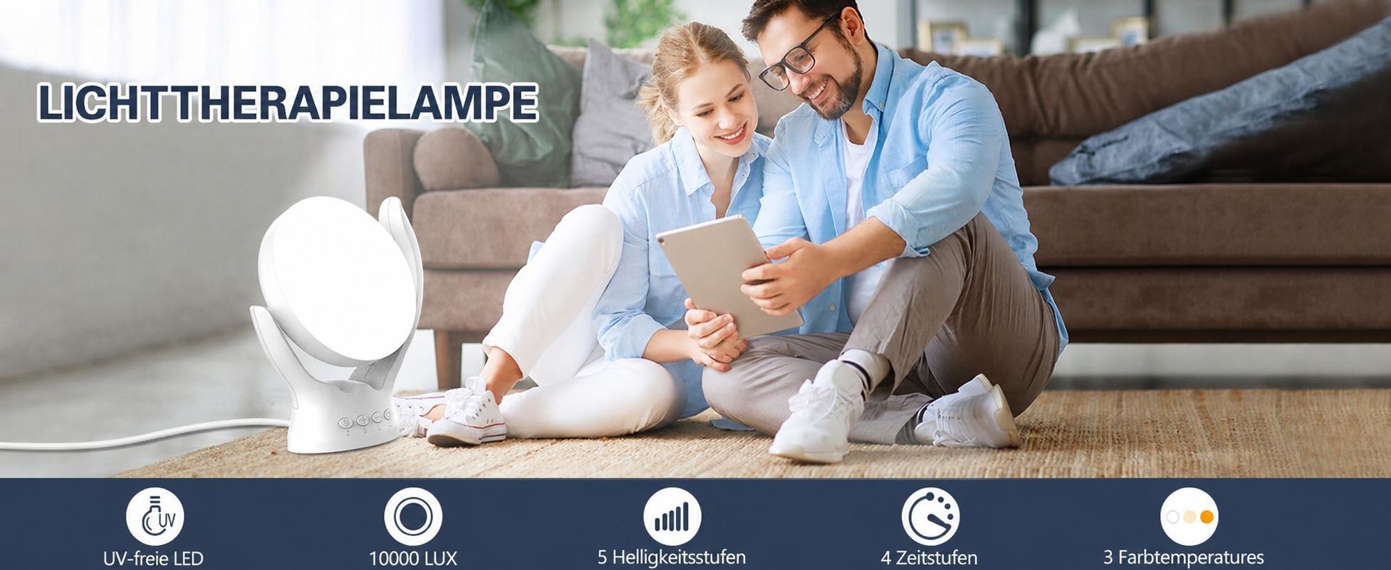 Stufenlos dimmbare Lichttherapielampe,UV-frei, 10.000 Lux, Therapielampe, rotierende Lichttherapielampe mit 5 Helligkeiten, 3 Farbtemperaturen, timbar