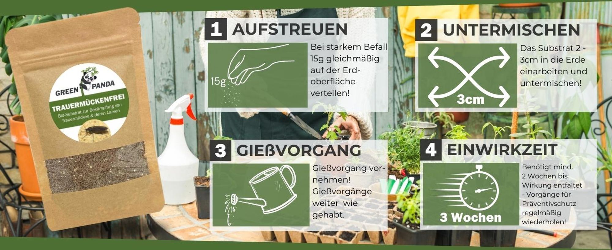 GreenPanda Trauermückenfrei - 40g Pflanzenschutzmittel Trauermücken Larven - effektiv Trauermücken in Wohnung bekämpfen - Pulver