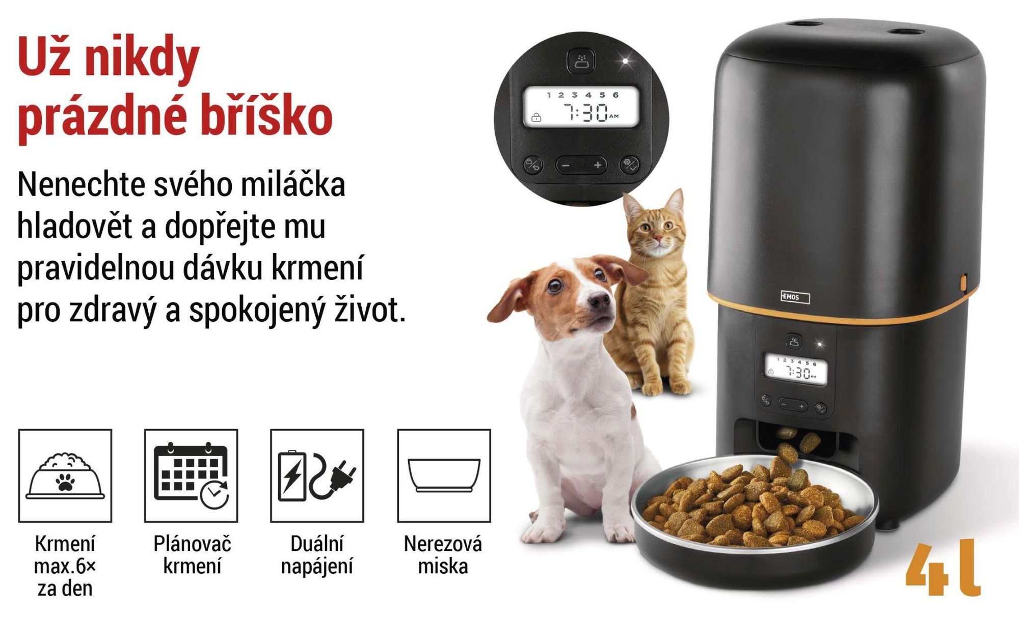 Automatické krmítko EMOS 4l, dávkovač krmiva pro psy a kočky s programovatelným časovačem, s dávkováním 1-6 jídel denně, černá barva