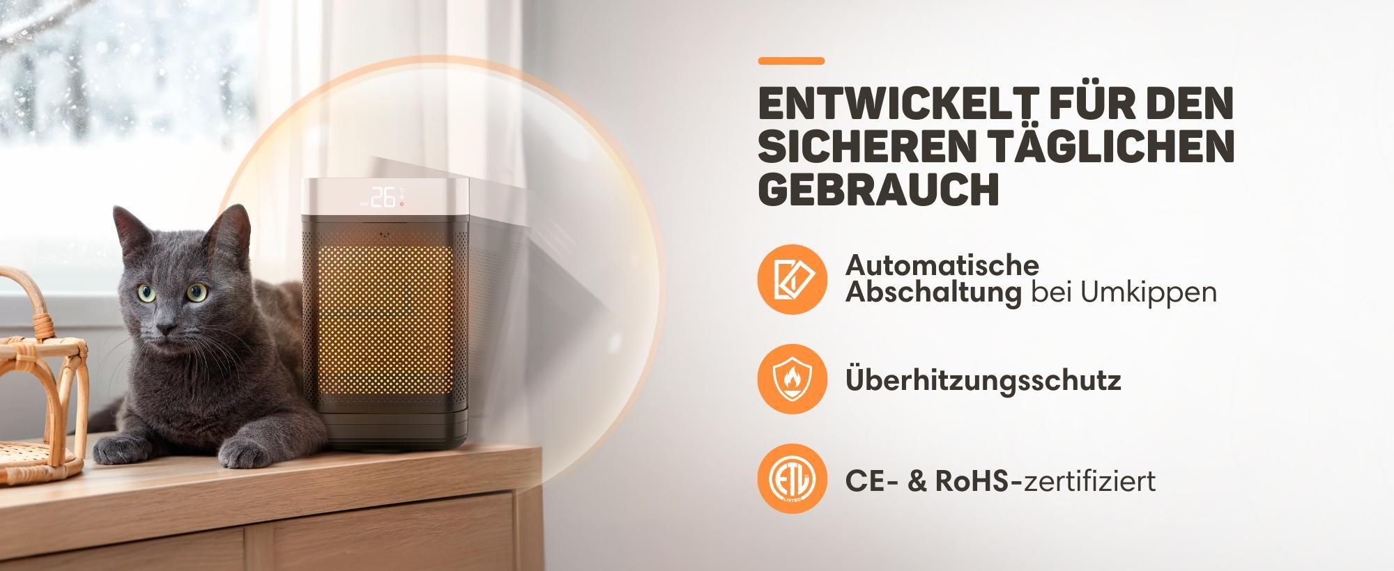 Vulpes Goods Keramik Heizlüfter, Elektrischer Heizlüfter mit Fernbedienung, Keramikheizung, 4 Stufen, 1500W, Timer & Thermostat, Für drinnen, Schwarz