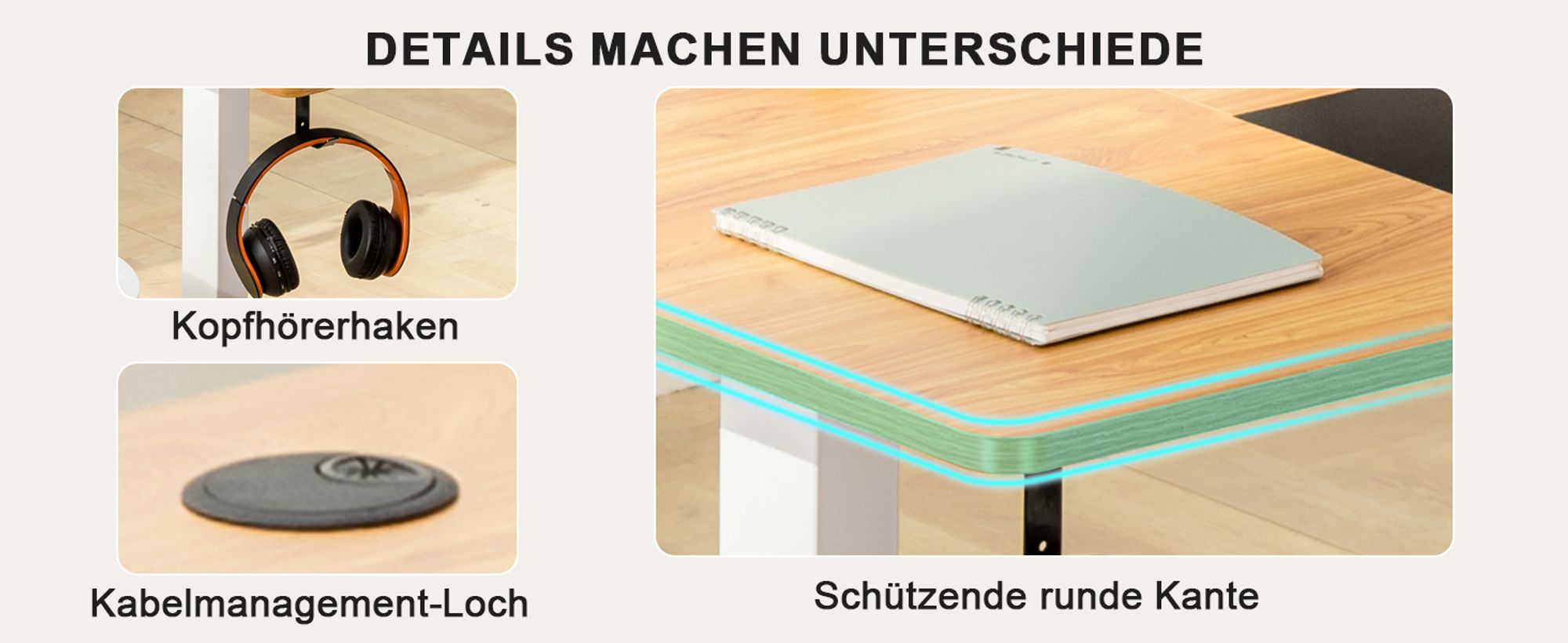 COMHOMA Schreibtisch Höhenverstellbarer Computertisch elektrisch, stufenlos, mit Steckdose und Haken