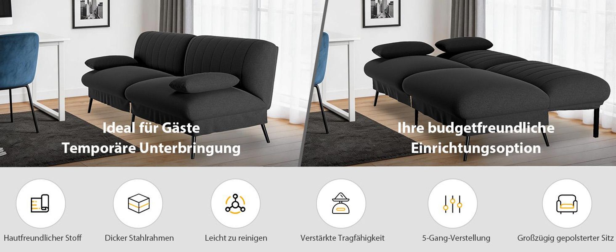 COMHOMA Klappbares Schlafsofa mit Schlaffunktion - 2-in-1 Couch, Multifunktionales Schlafsofa mit Großer Liegefläche, Platzsparendes Bettsofa Schwarz